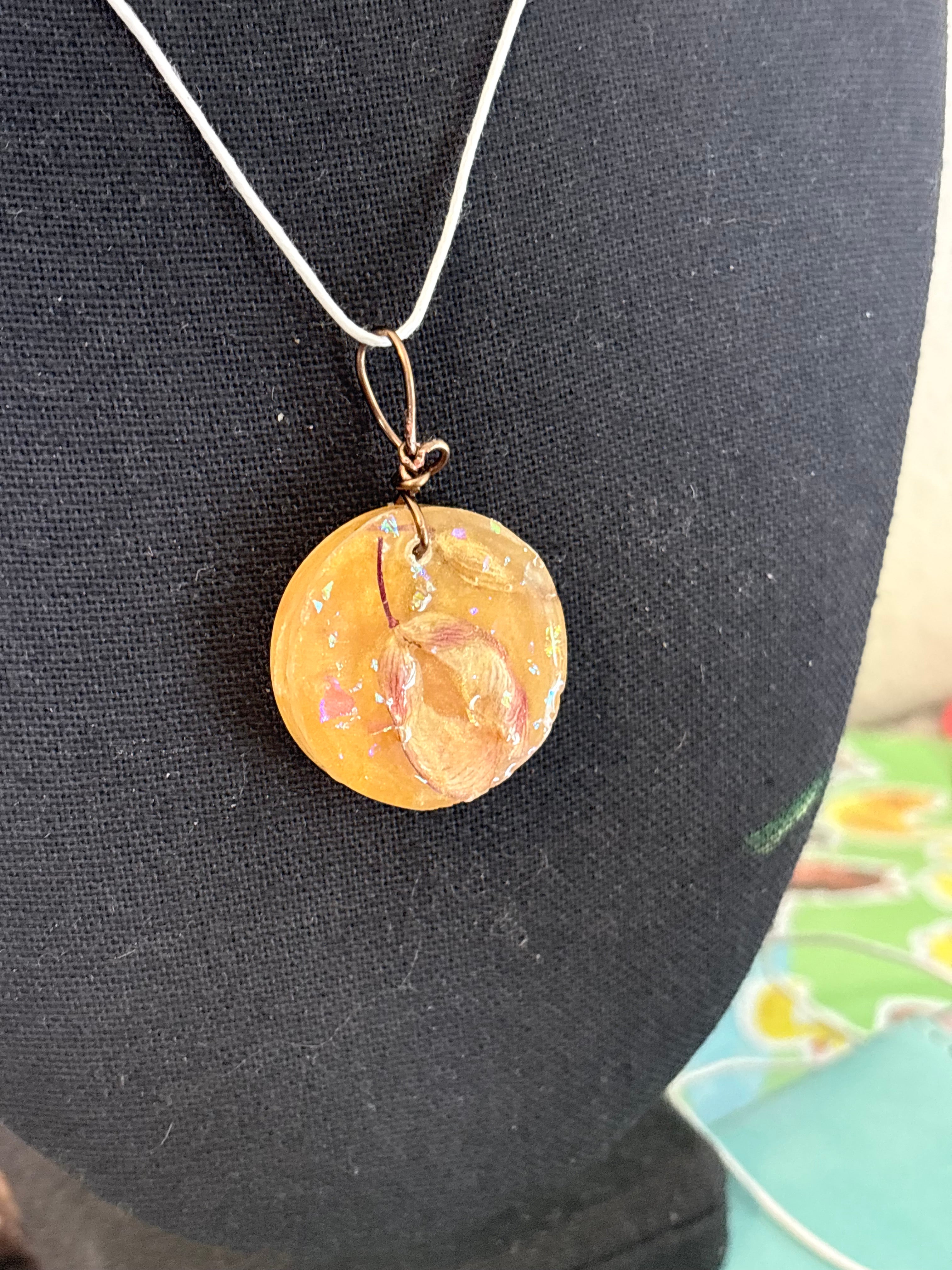Golden Resin Pendant with Helicopter Seeds | Golden Flight Necklace | Round Botanical Pendant