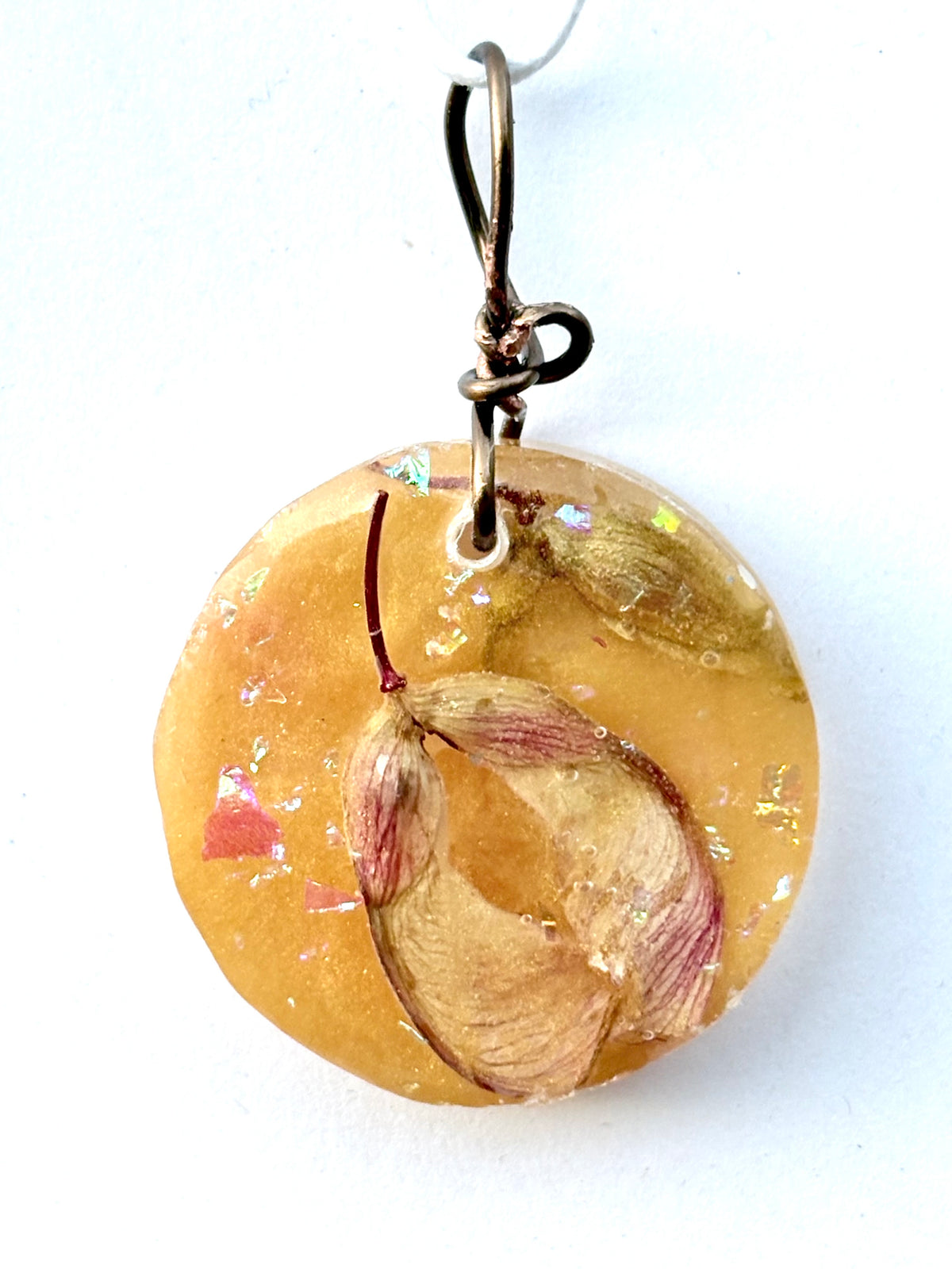 Golden Resin Pendant with Helicopter Seeds | Golden Flight Necklace | Round Botanical Pendant