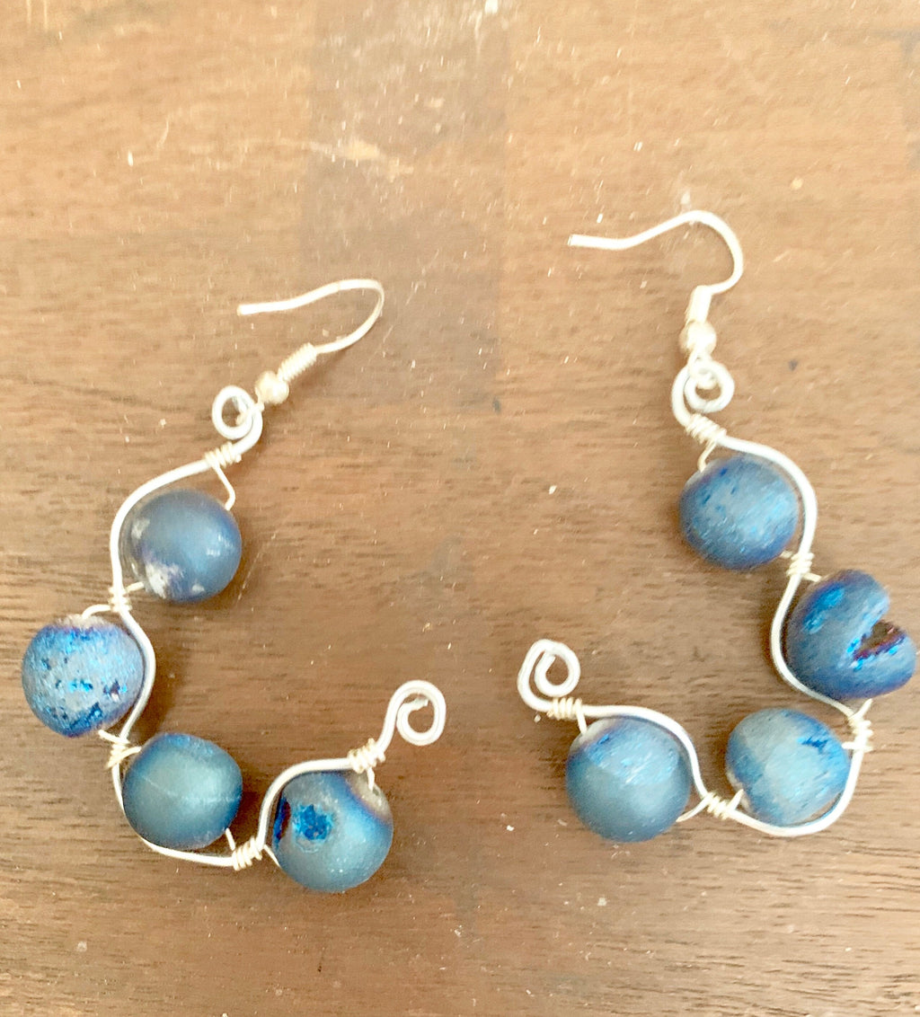 Wire Wrapped Hoop Earrings | Blue Agate Beaded Hoops