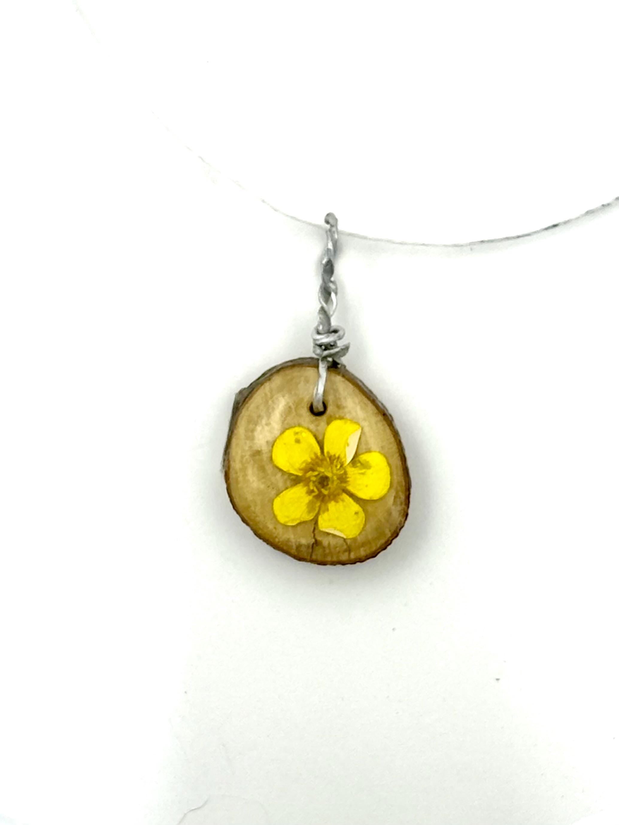 Buttercup Necklace, Yellow Flower on Wood Slice Pendant, Unique Botanical Jewelry, Cheerful One of a Kind Gift for Her