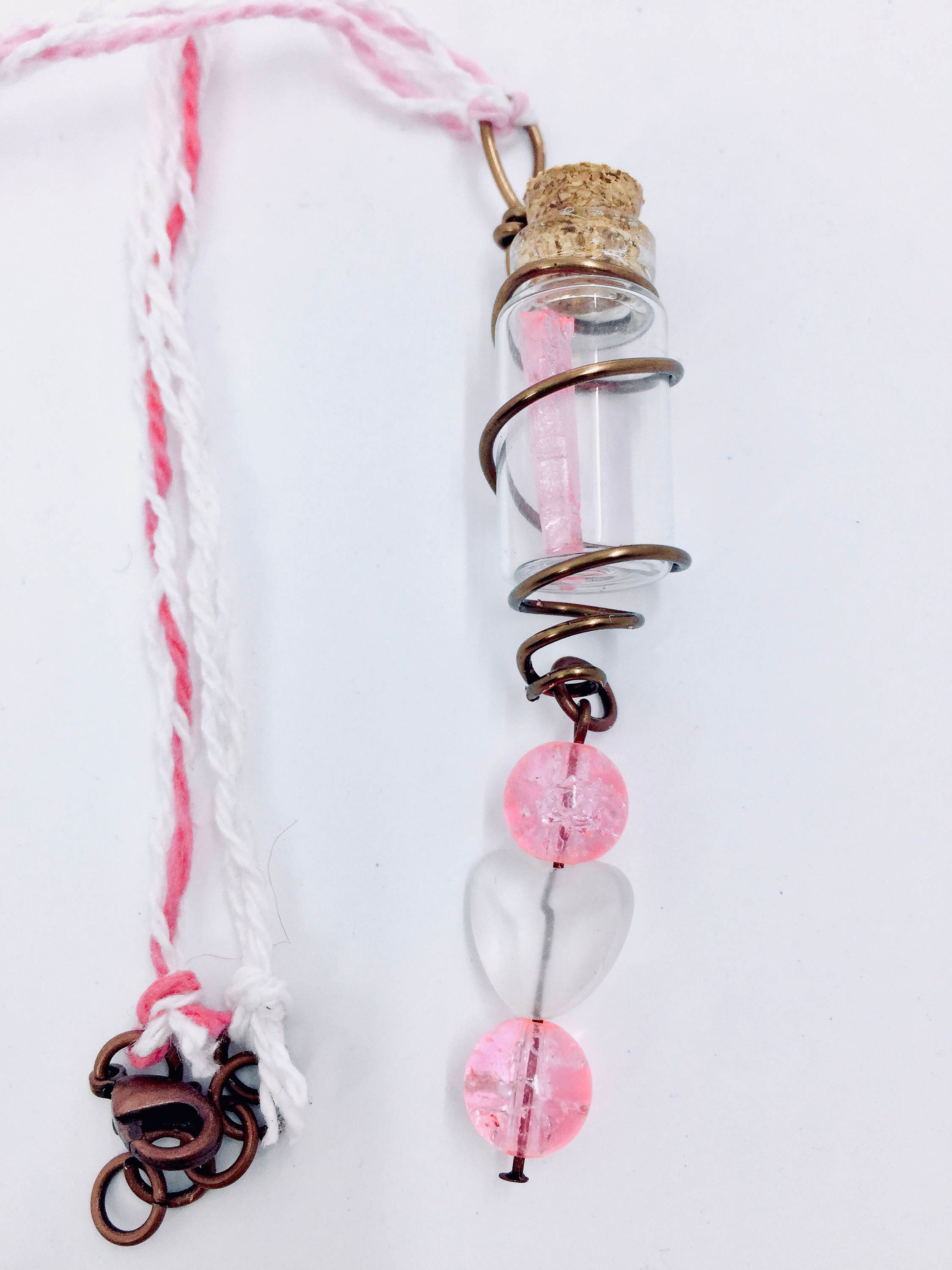 Pink Quartz Bottle Necklace | Mini Glass Vial Pendant | Romantic Heart Jewelry
