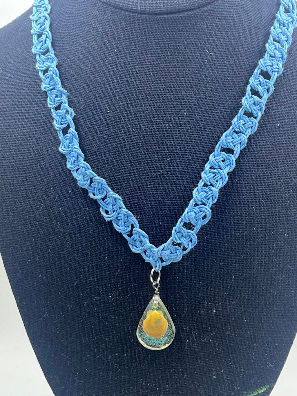 Petite Orange Shell in Resin Pendant, Blue Hemp Macrame Necklace, Josephine Knot Cord, Seashell Teardrop Pendant, Mermaid Core Ocean Jewelry