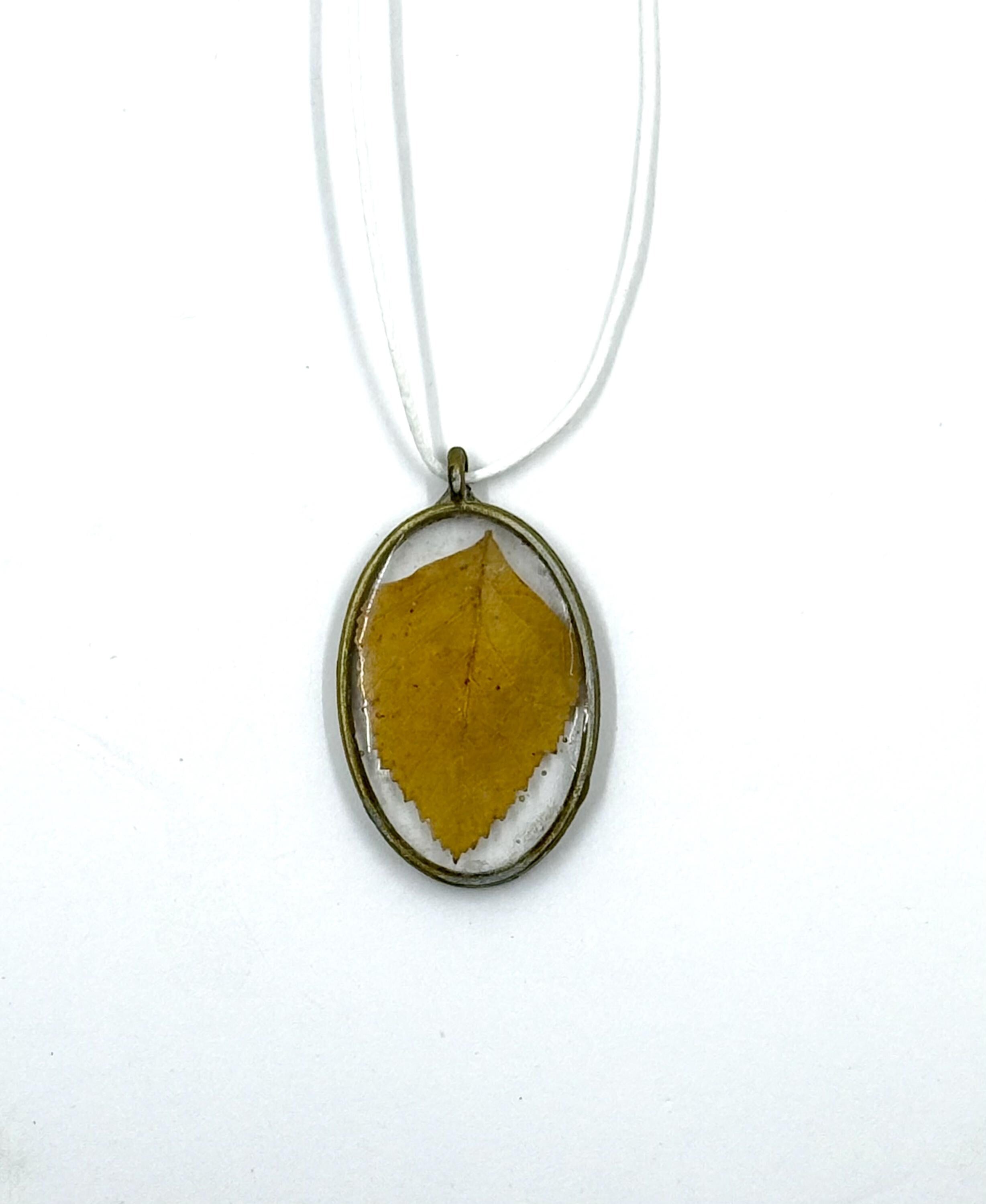 Framed Yellow Leaf Pendant, Real Leaf in Resin Necklace, Oval Botanical Pendant, Gift for Her