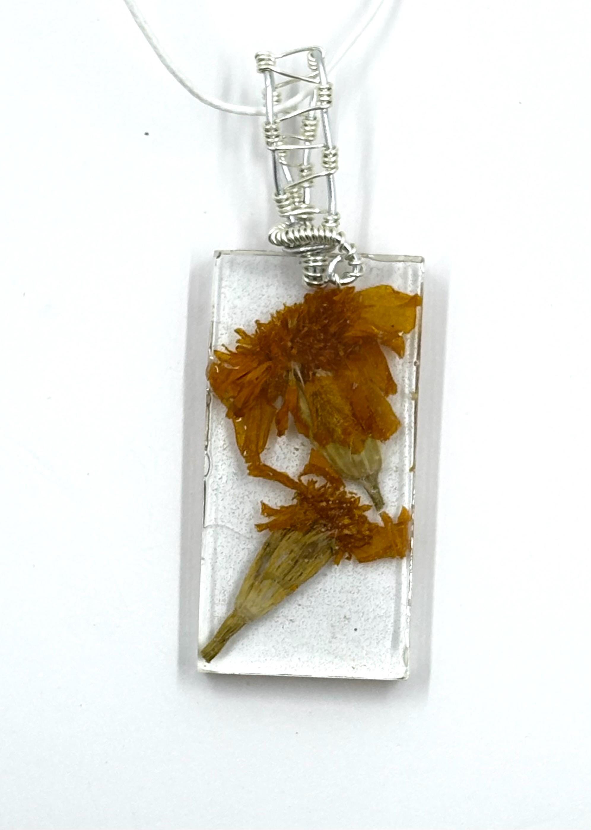 Marigold Necklace, Wire Wrapped Pressed Flower in Resin Pendant, Botanical Jewelry, Natural Bohemian Style, Gift for Her
