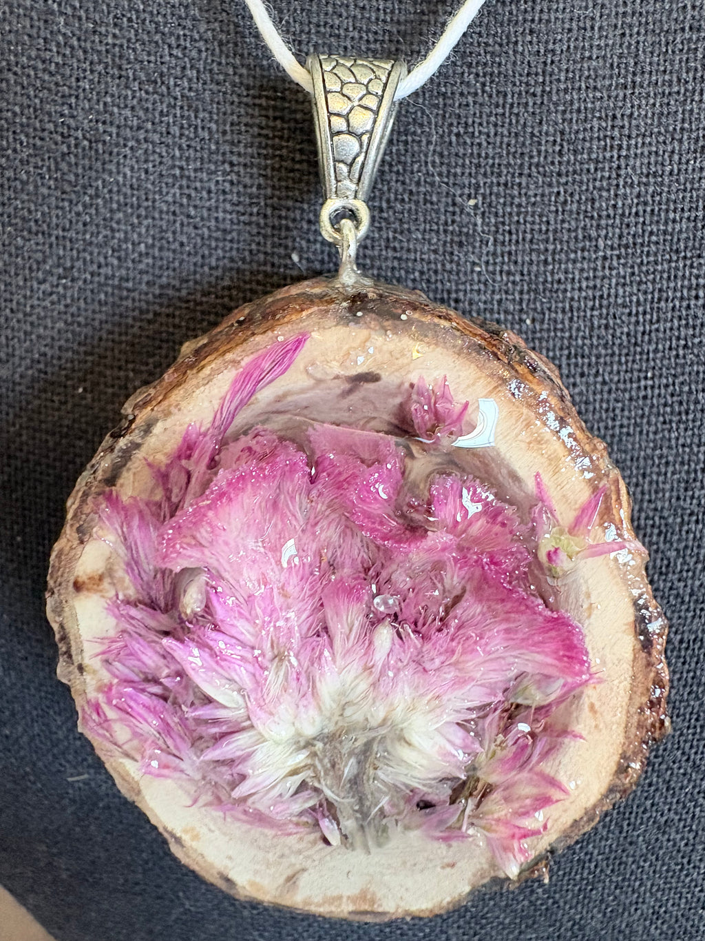 Wild Bloom Statement Necklace | Real Celosia Flowers and Wood Slice in Resin