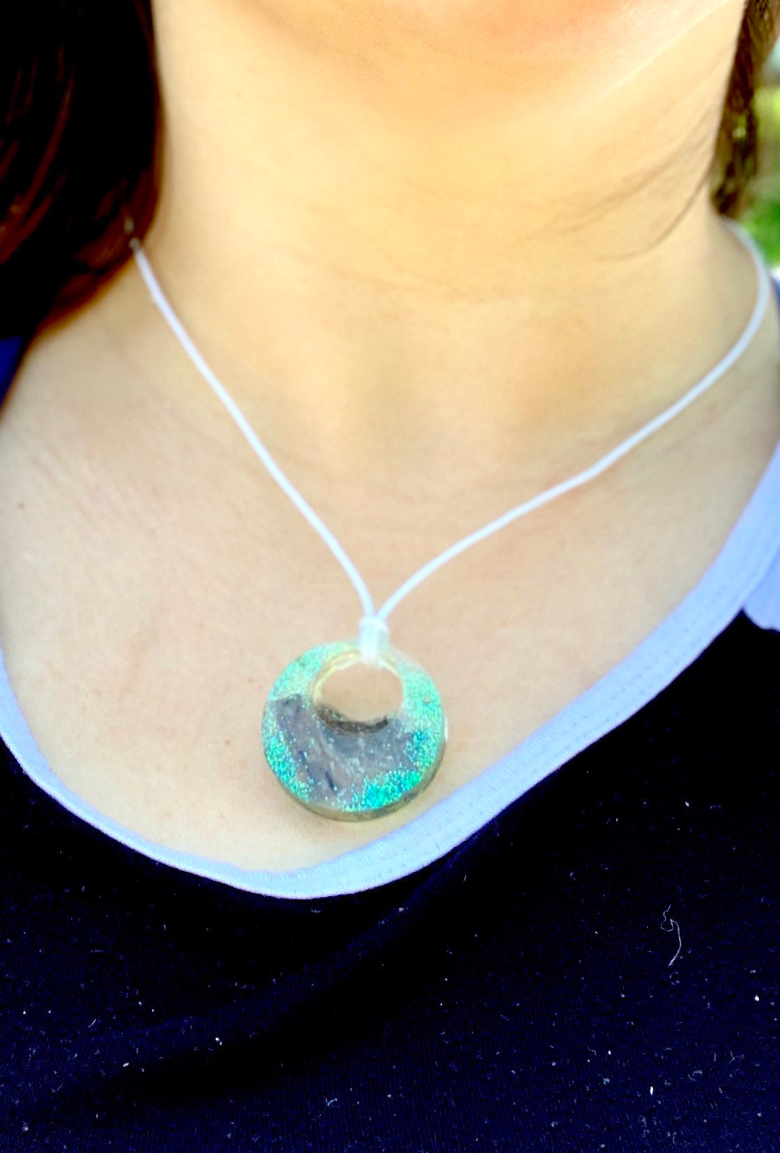 Wooden Resin Pendant | Green Glitter Resin Necklace