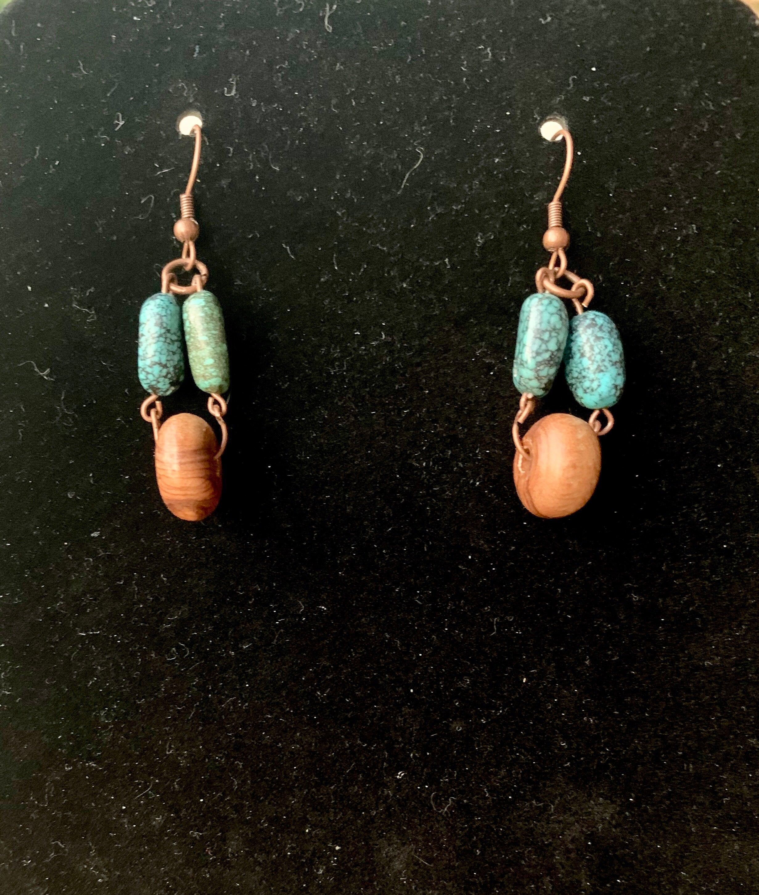 Wooden Beaded Dangle Earrings, Turquoise and Wood Earrings, Statement Earrings, Gift for Her