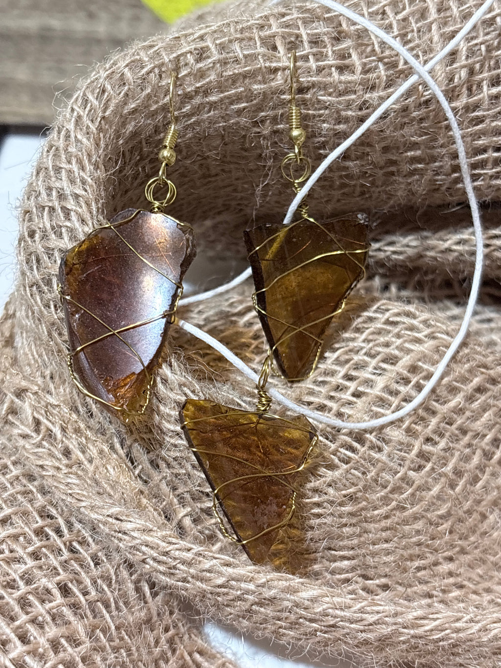 Amber Sea Glass | Wire Wrapped Set | Triangle Pendant and Earrings