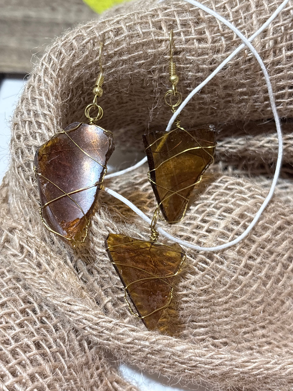 Amber Sea Glass | Wire Wrapped Set | Triangle Pendant and Earrings