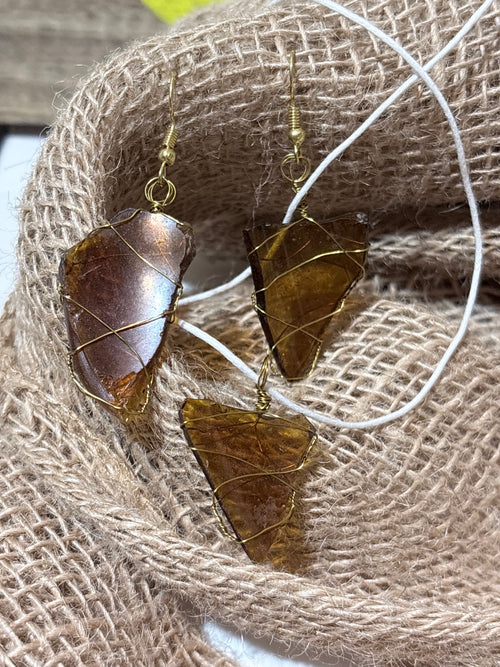 Amber Sea Glass | Wire Wrapped Set | Triangle Pendant and Earrings