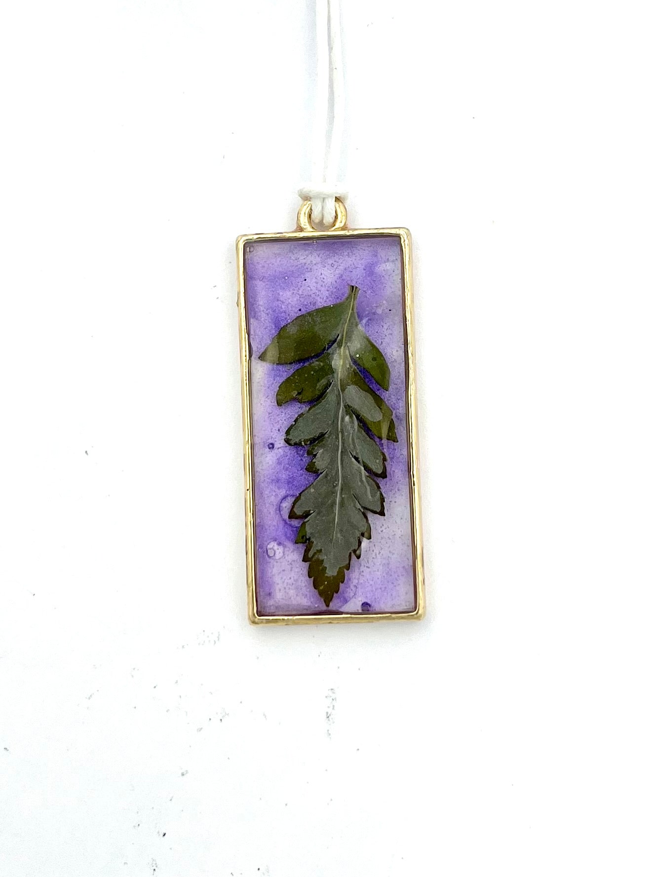 Fern Leaf Necklace | Framed Resin Leaf with Purple Background