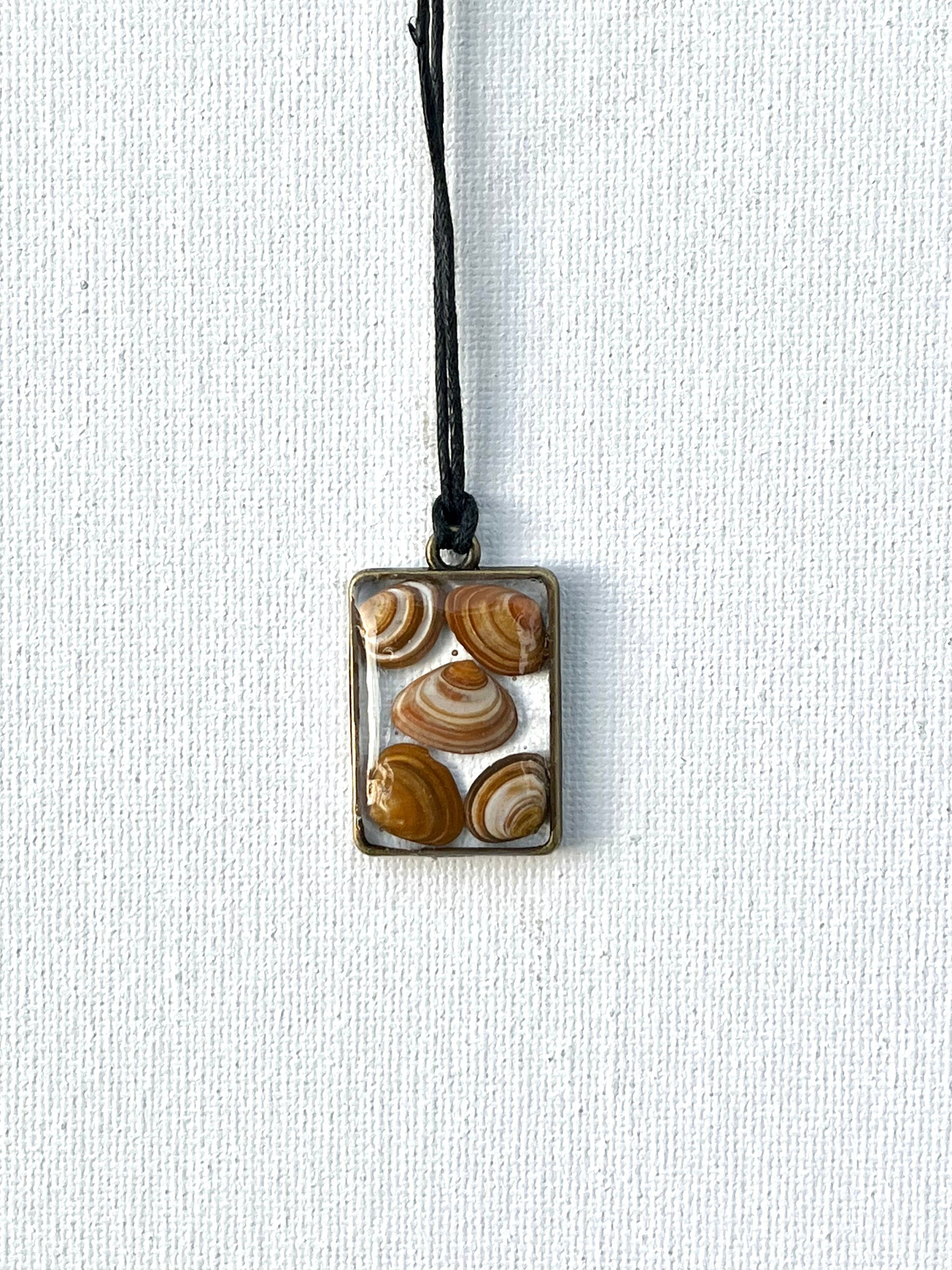Authentic Orange Petite Seashells in Resin Necklace, Neutral Orange Brown Shells in Rectangle Resin Pendant, Ocean Jewelry for Women
