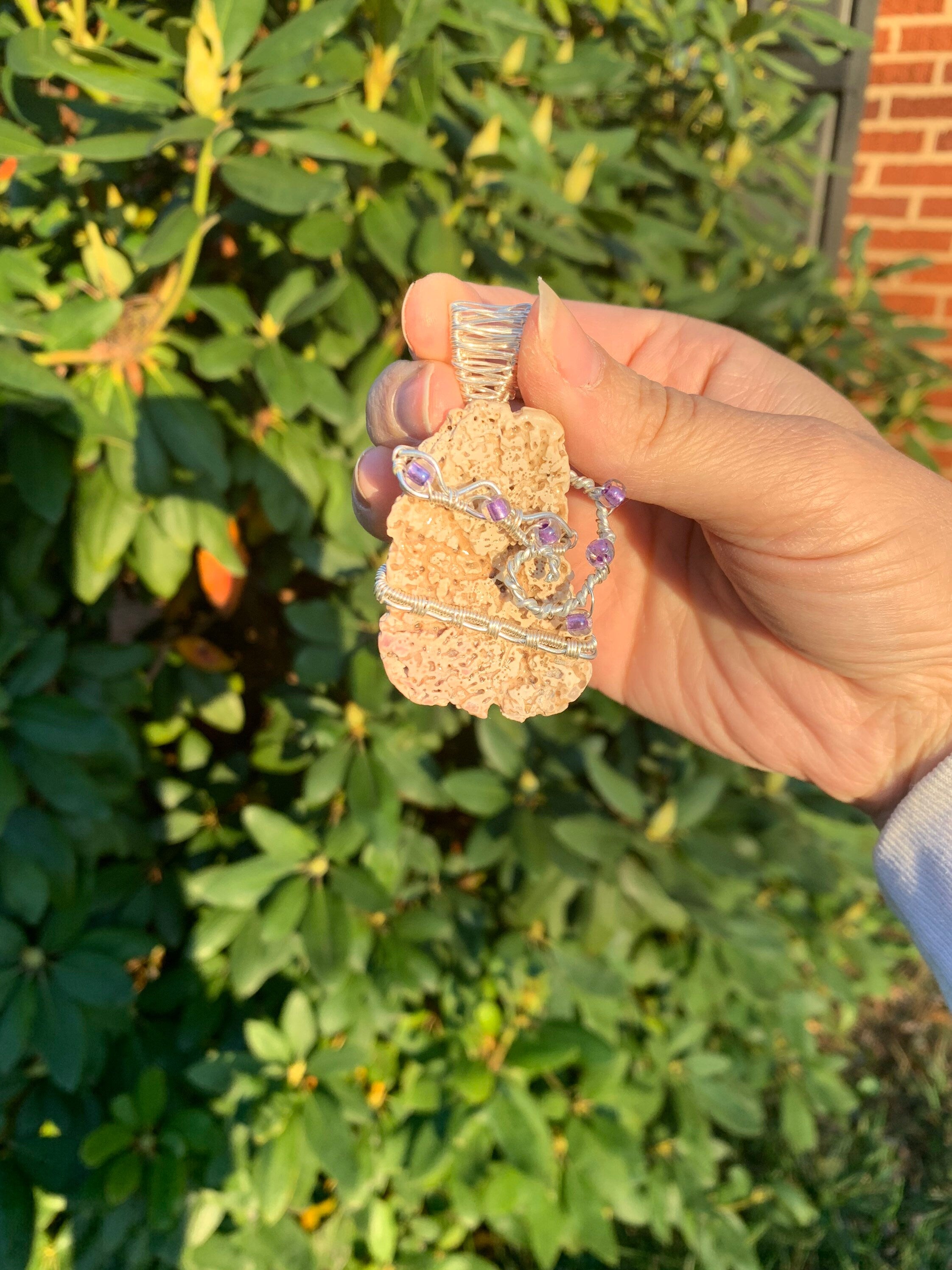 Shell Fragment Necklace | Wire Wrapped Shell with Purple Beads Pendant