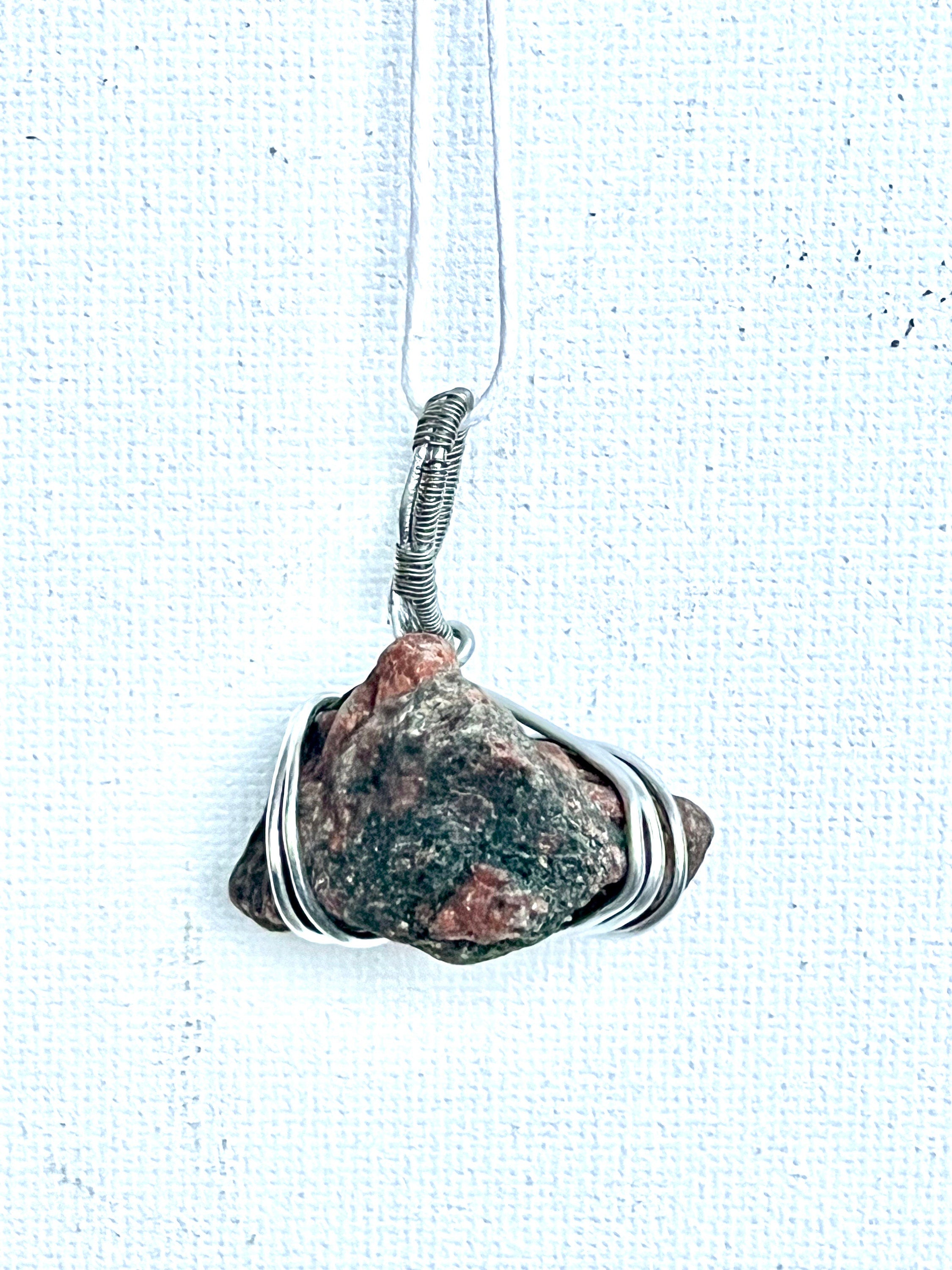 Wire Wrapped Unakite Stone Pendant,  Red and Black Stone in Wire, Nature Inspired Jewelry, Silver Wire Wrapped Unakite Stone
