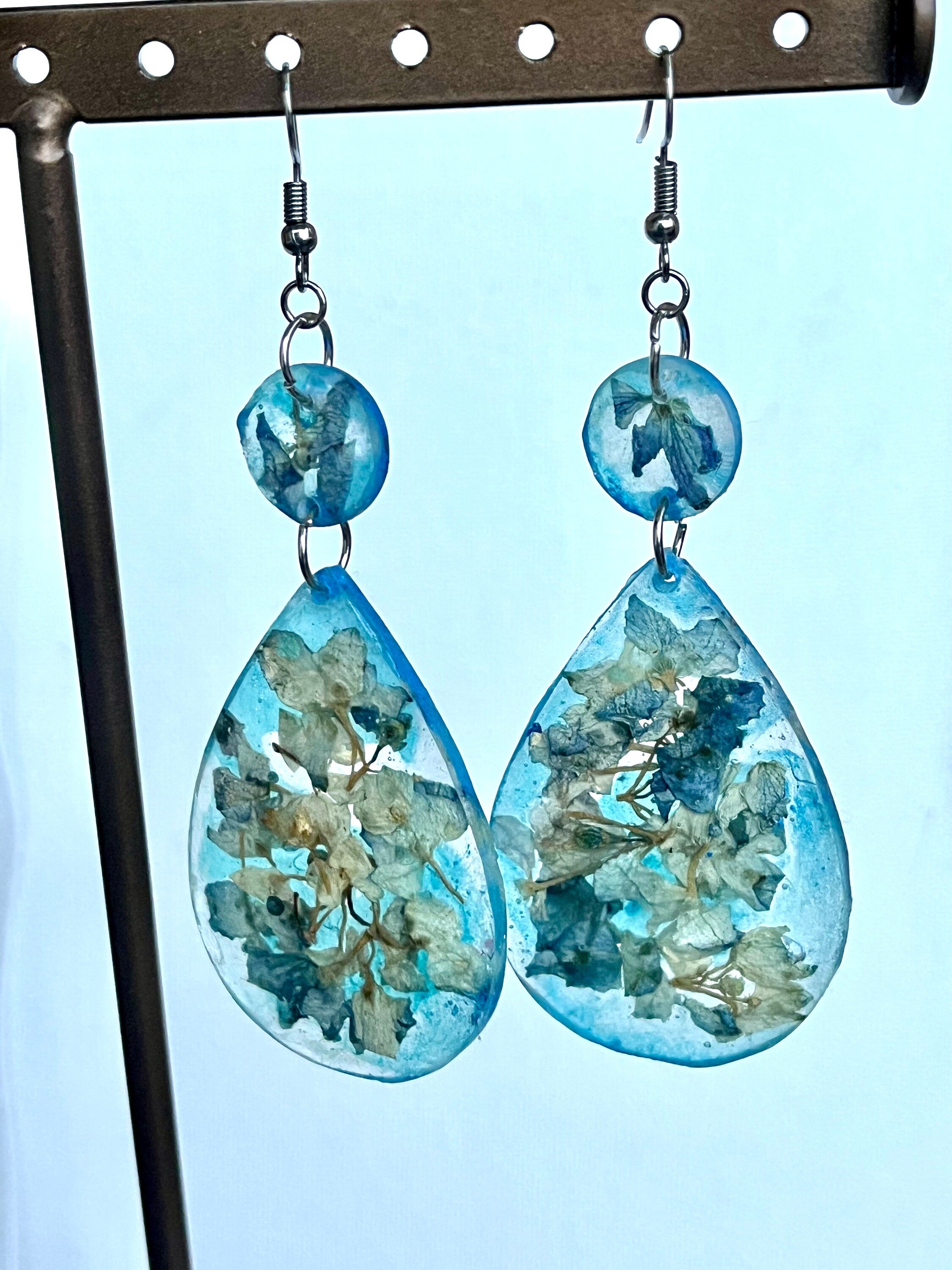 Blue Hydrangea Dangle Earrings - Exquisite Pressed Flower Jewelry, Real Flower in Resin Earrings Bridesmaid Gift, Botanical Earrings