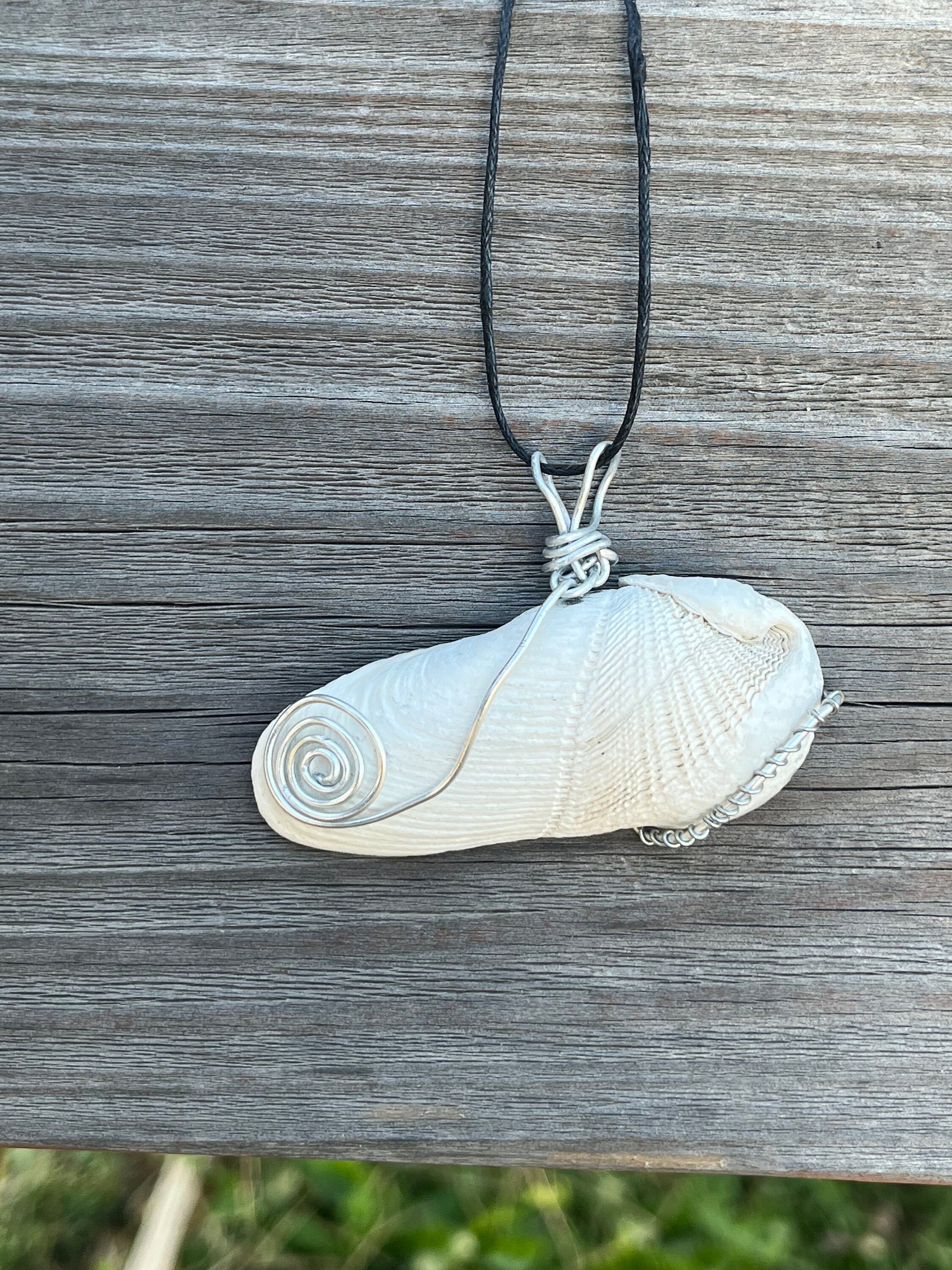 Wire Wrapped Natural Shell Pendant, Split Pattern Shell Necklace with Simple Wire Wrap, Beach Jewelry, Angel Wing Shell Pendant for Her