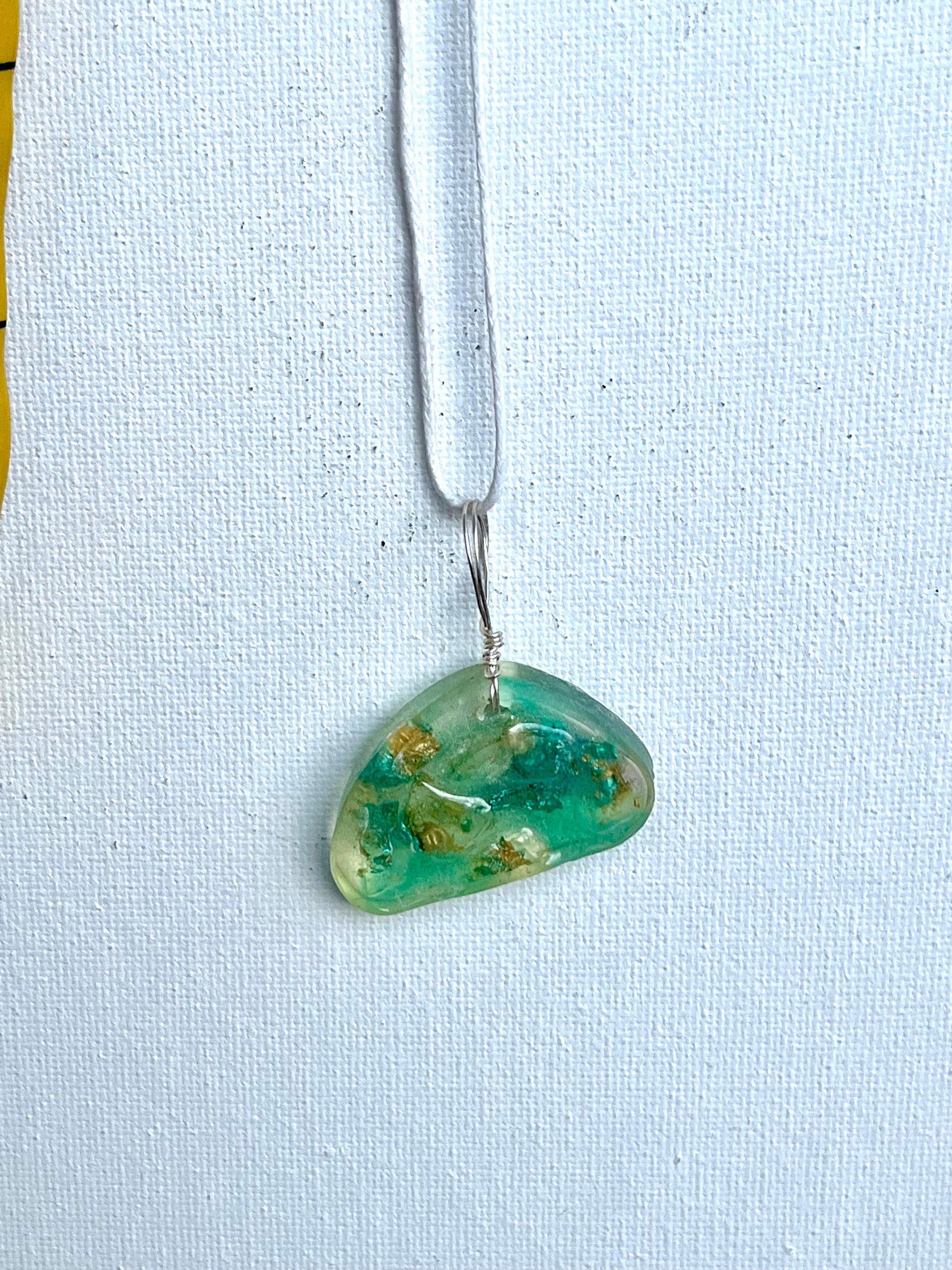 Colorful Resin Pendant Necklace, Teal and Gold Ink Colored Resin Jewelry, Abstract Art Necklace, Jewelry Gift for Her
