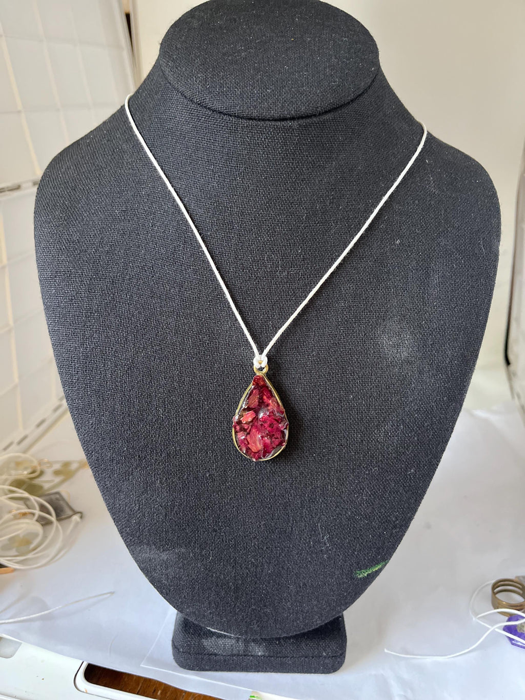 Teardrop Framed Resin Pendant, Rose petal Fragments in Resin Necklace, Deep red petals in unique accessory, One of a kind gift for her
