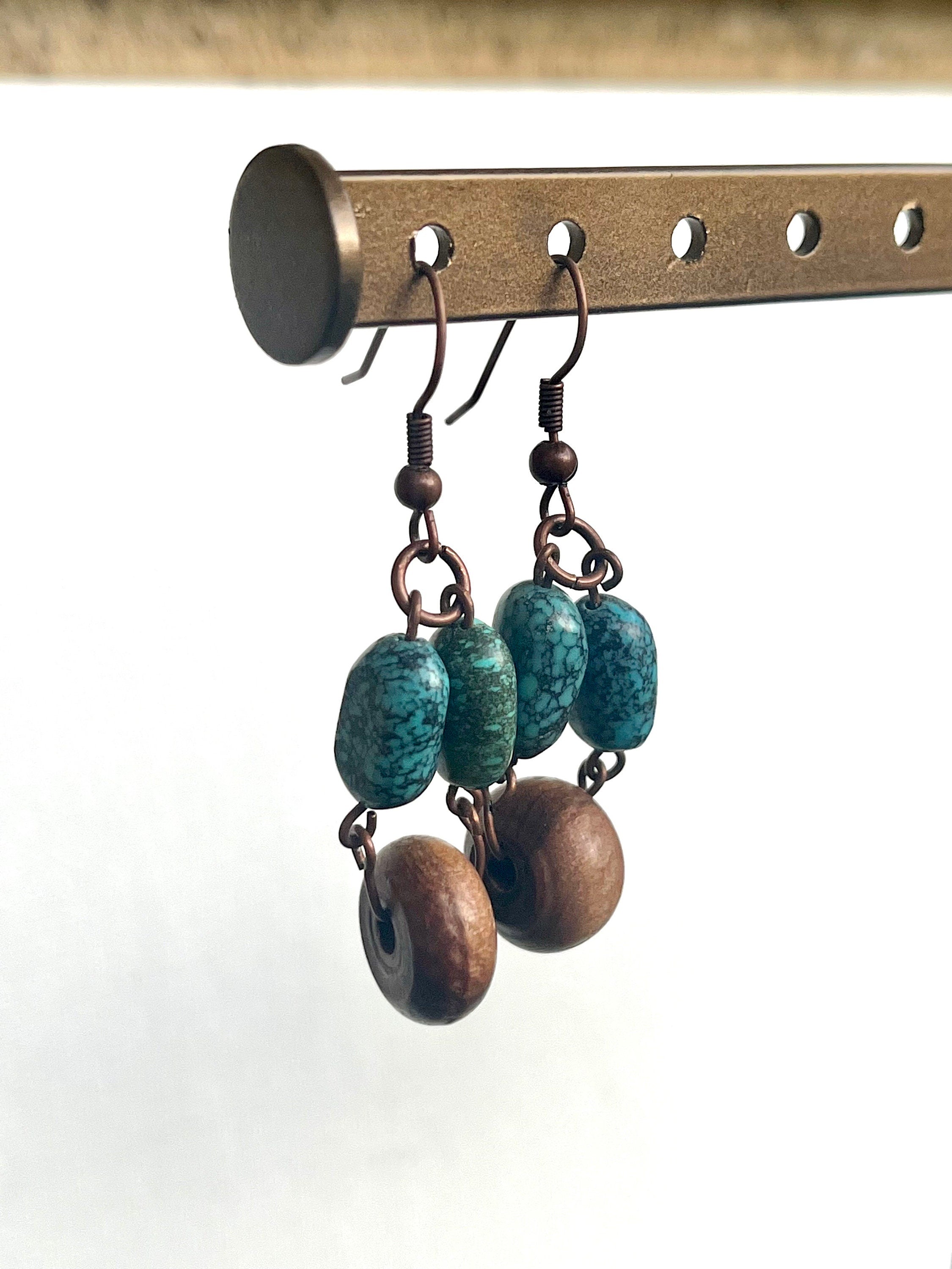 Wooden Beaded Dangle Earrings, Turquoise and Wood Earrings, Statement Earrings, Gift for Her