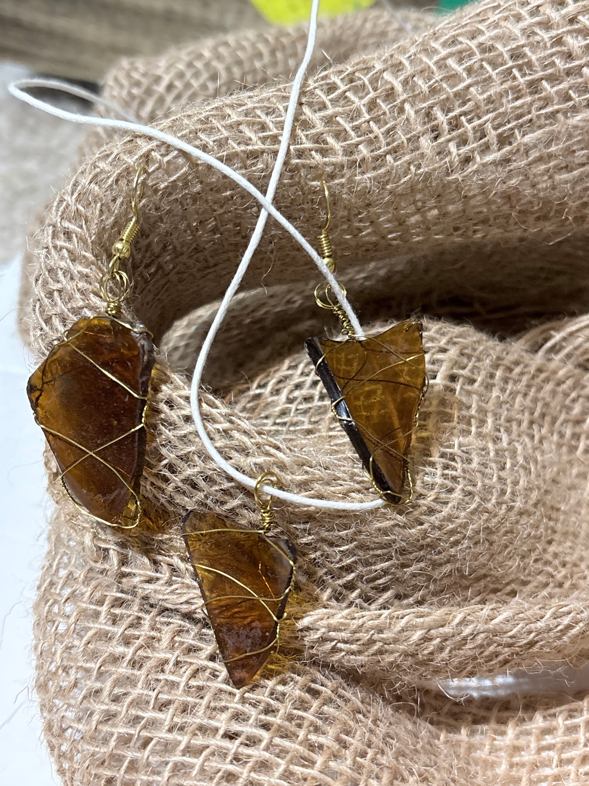 Amber Sea Glass | Wire Wrapped Set | Triangle Pendant and Earrings
