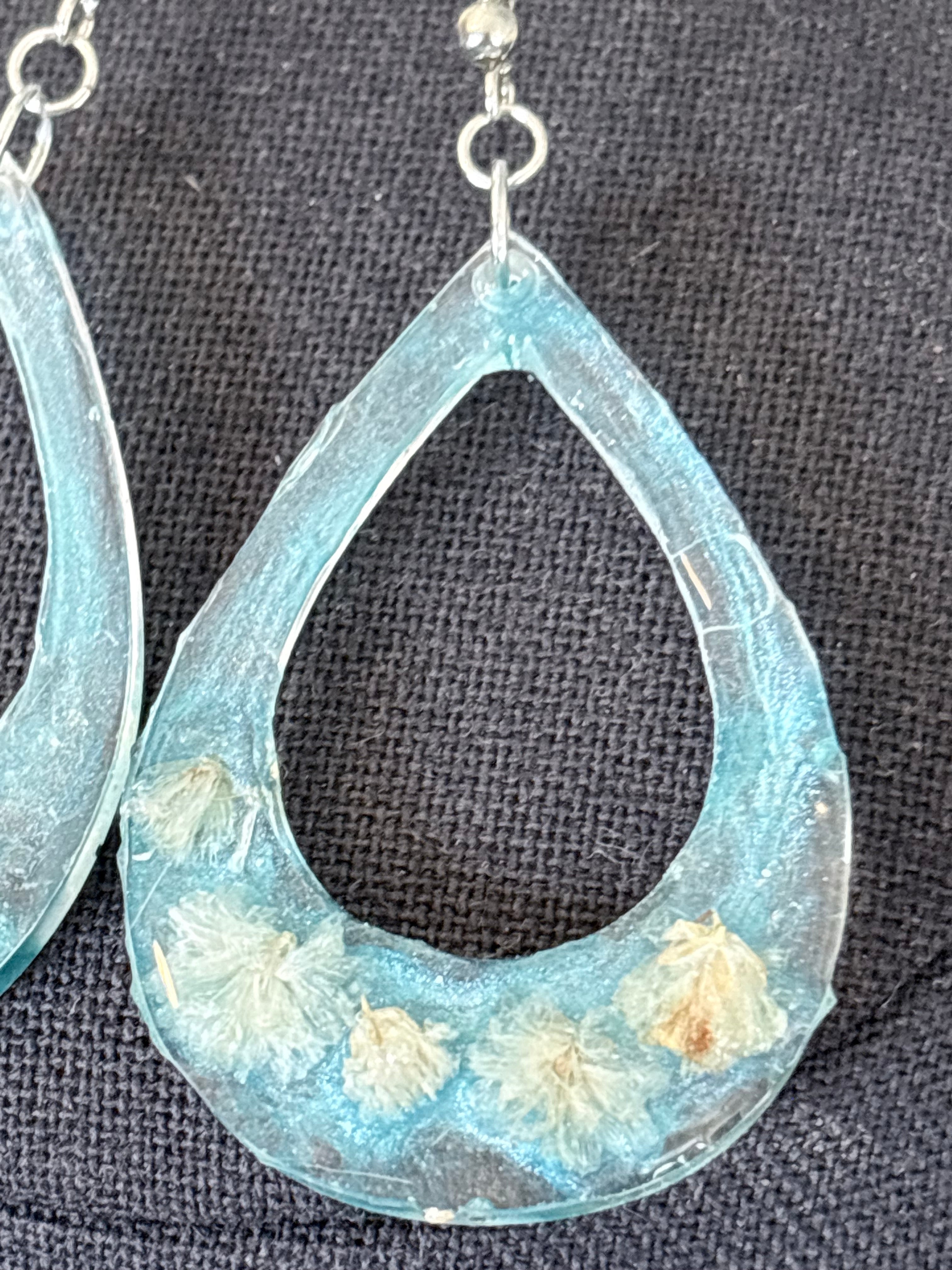 White Flower Earrings with Blue Background | Blue Meadow Botanical Teardrop Earrings