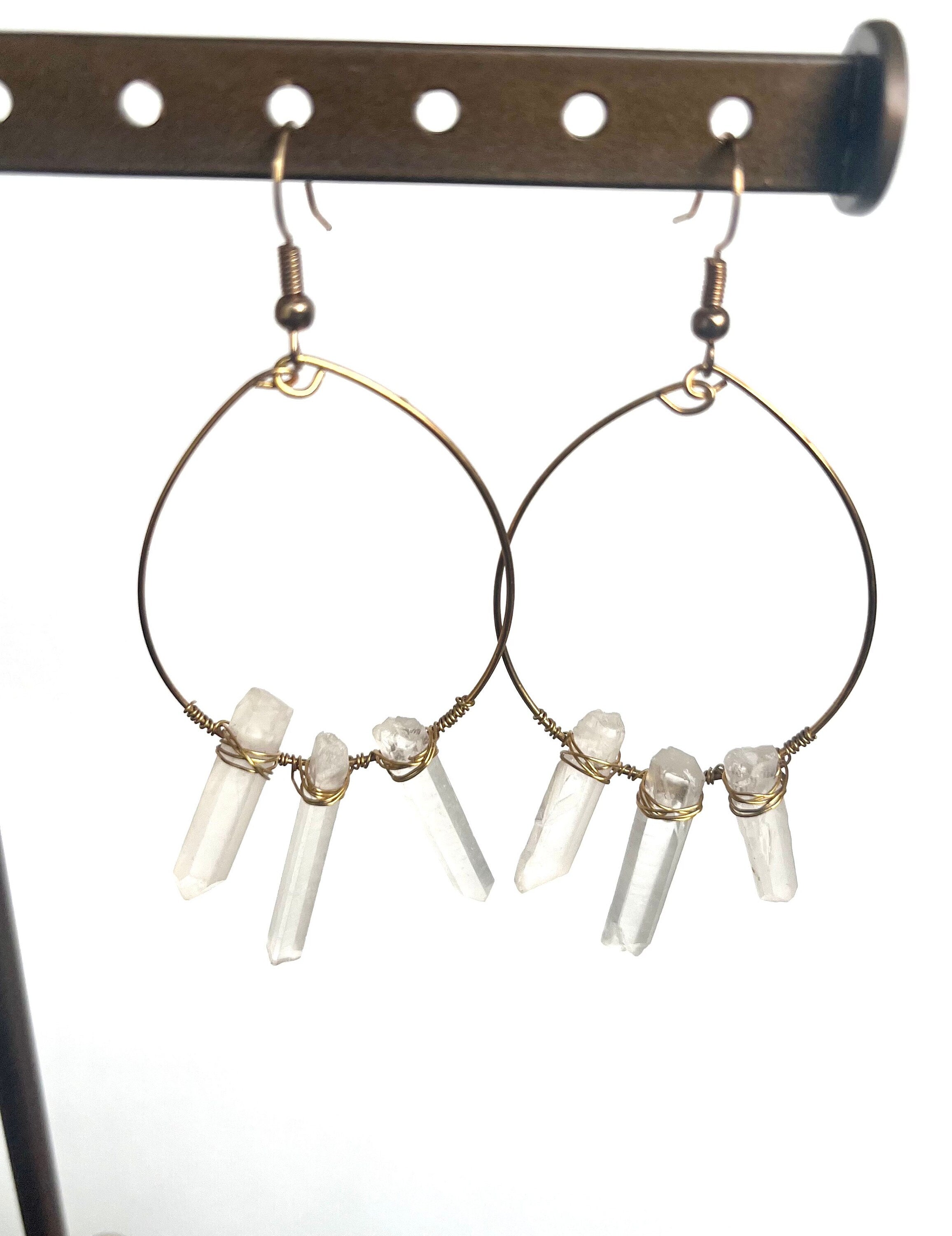 Quartz Crystal Gold Hoop Earrings, Real Quartz Drop Earrings, Gold Colored Wire, Bohemian Jewelry, Minimalist Jewelry
