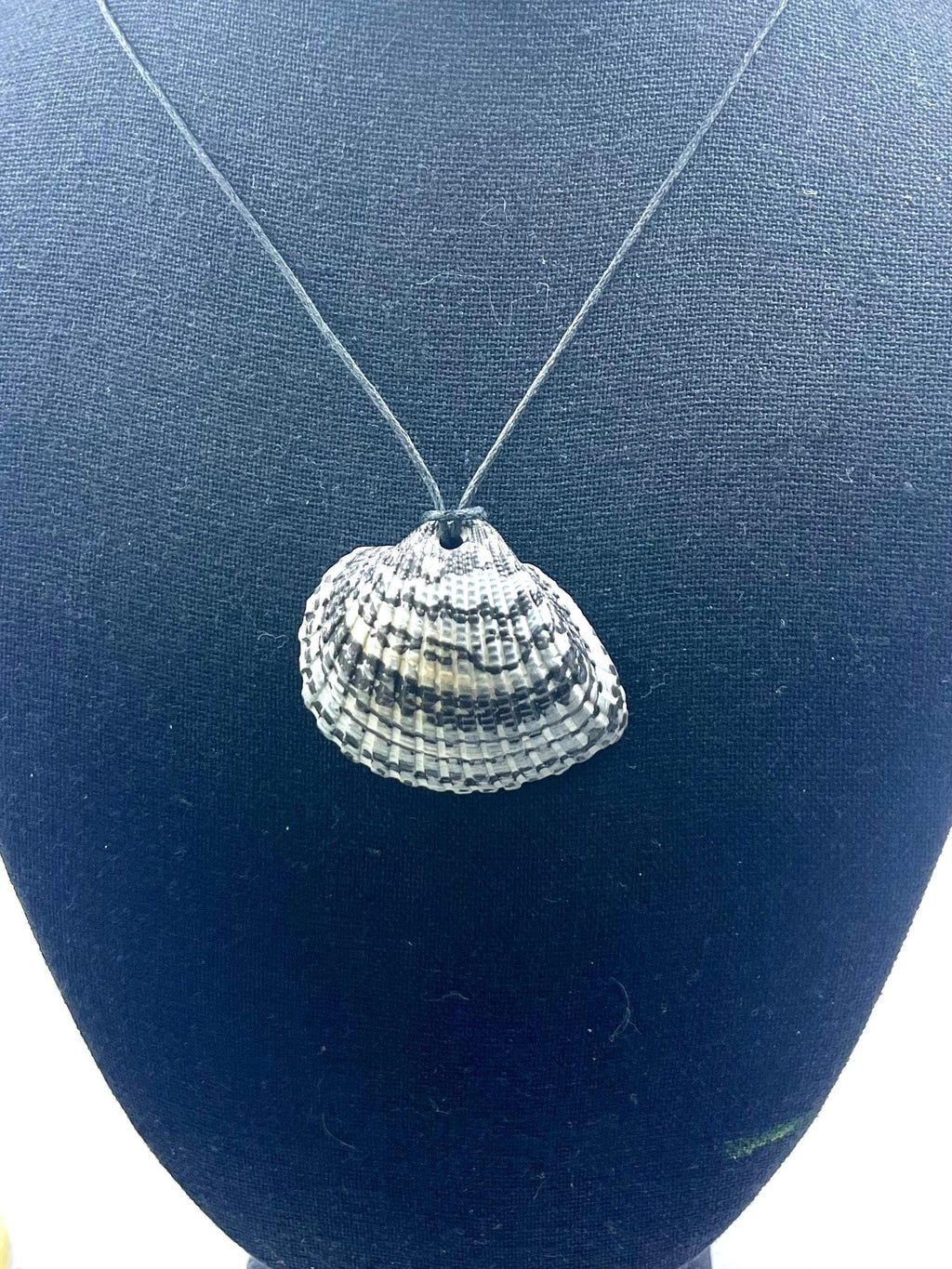 Gray Seashell Pendant with Black Decorations, Black Sharpie on Gray Clam Shell, Large Ocean accessory Pendant, Handrawn Real Shell Necklace