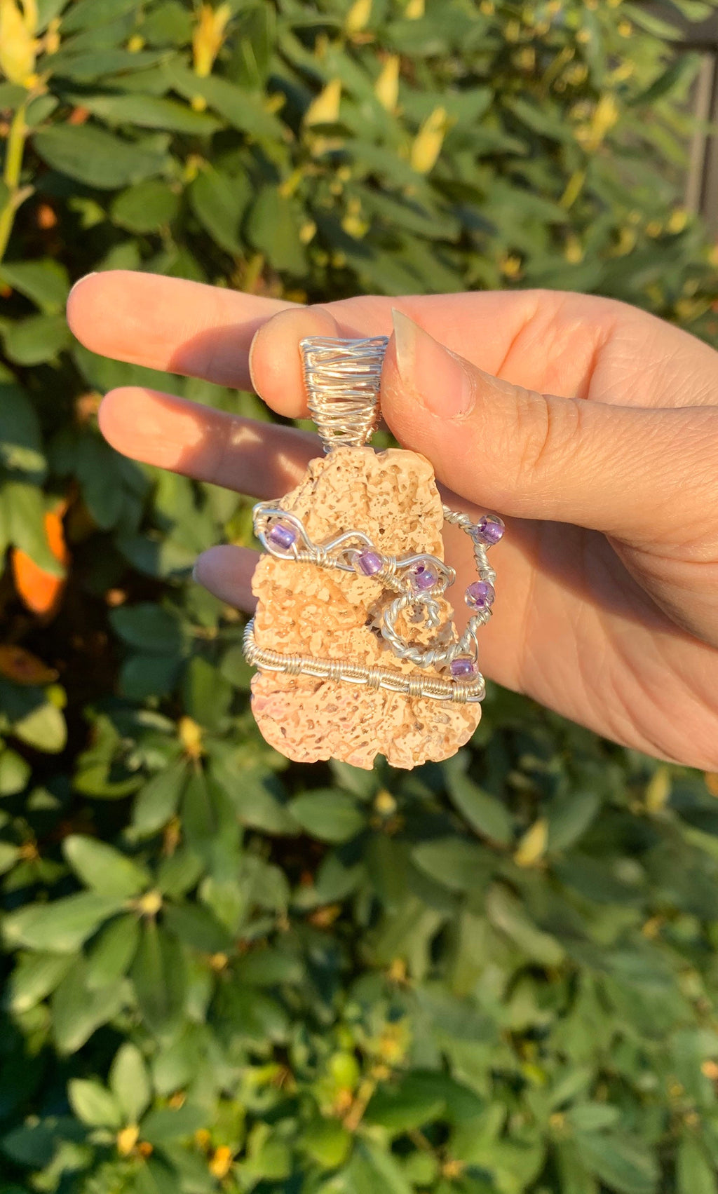 Shell Fragment Necklace | Wire Wrapped Shell with Purple Beads Pendant