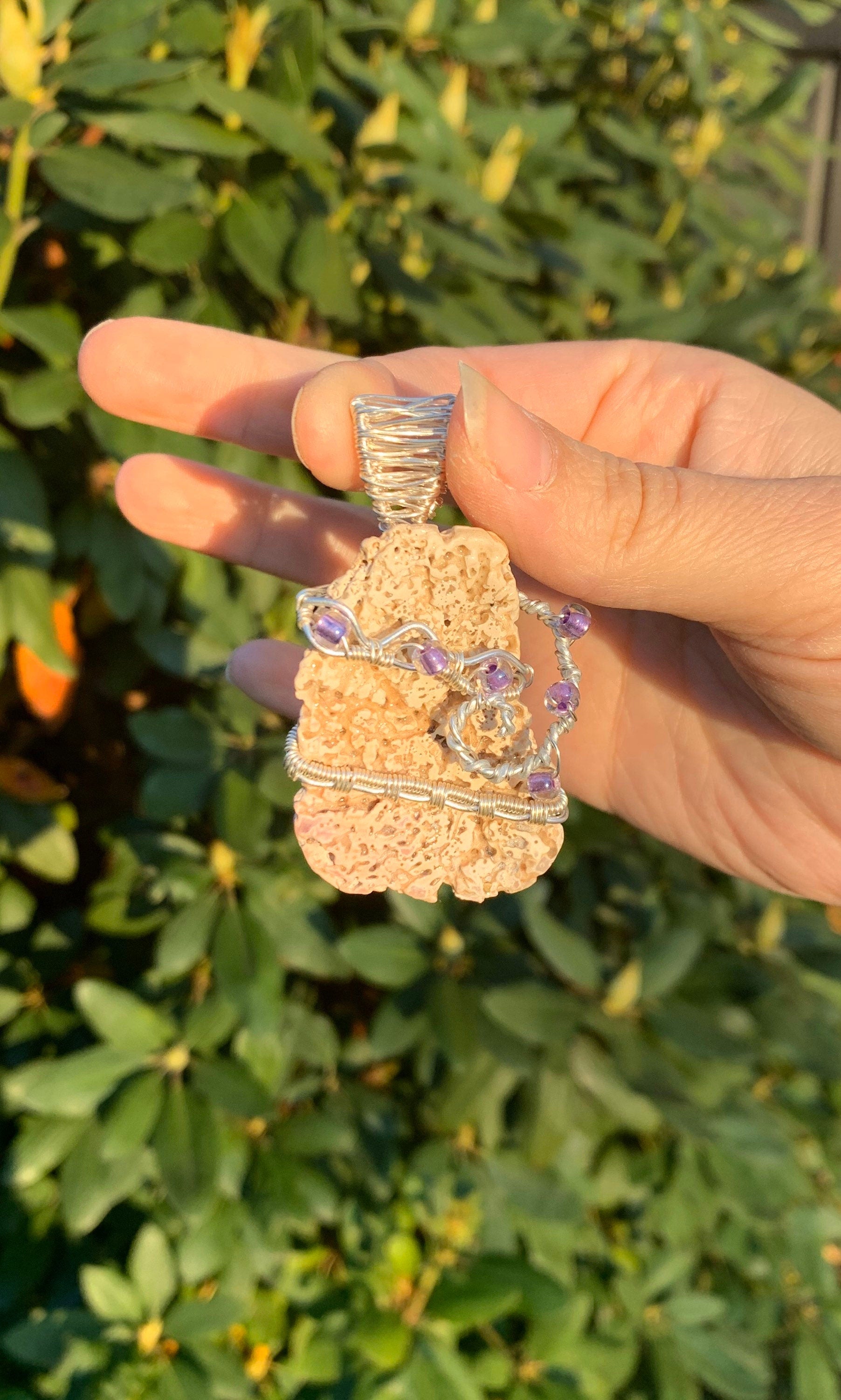 Shell Fragment Necklace | Wire Wrapped Shell with Purple Beads Pendant
