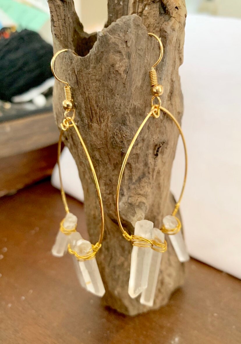 Quartz Crystal Gold Hoop Earrings, Real Quartz Drop Earrings, Gold Colored Wire, Bohemian Jewelry, Minimalist Jewelry