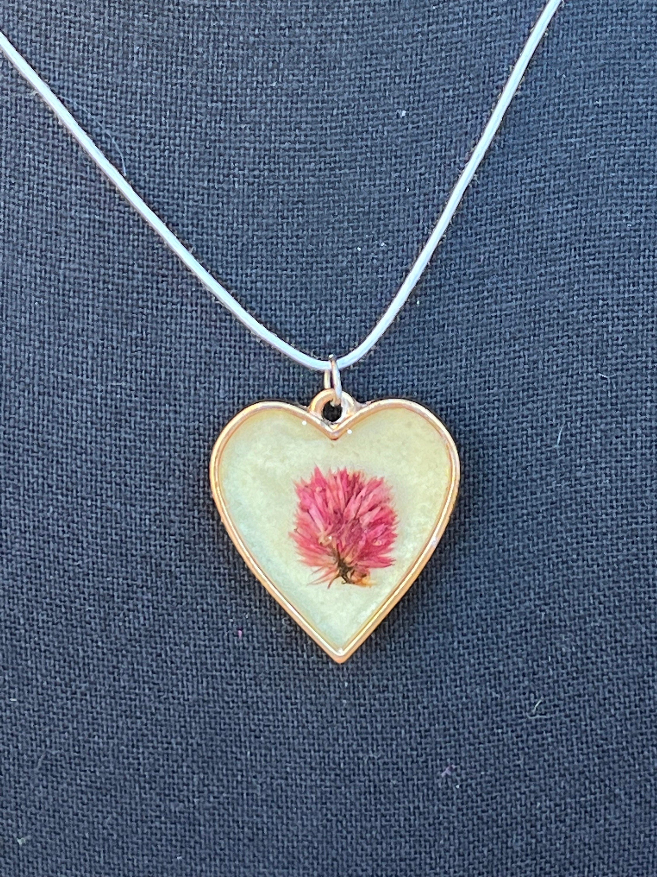 Floral Heart Resin Pendant Necklace, Wearable Art Pendant, Gold and Floral Necklace, Boho Jewelry, Nature Inspired