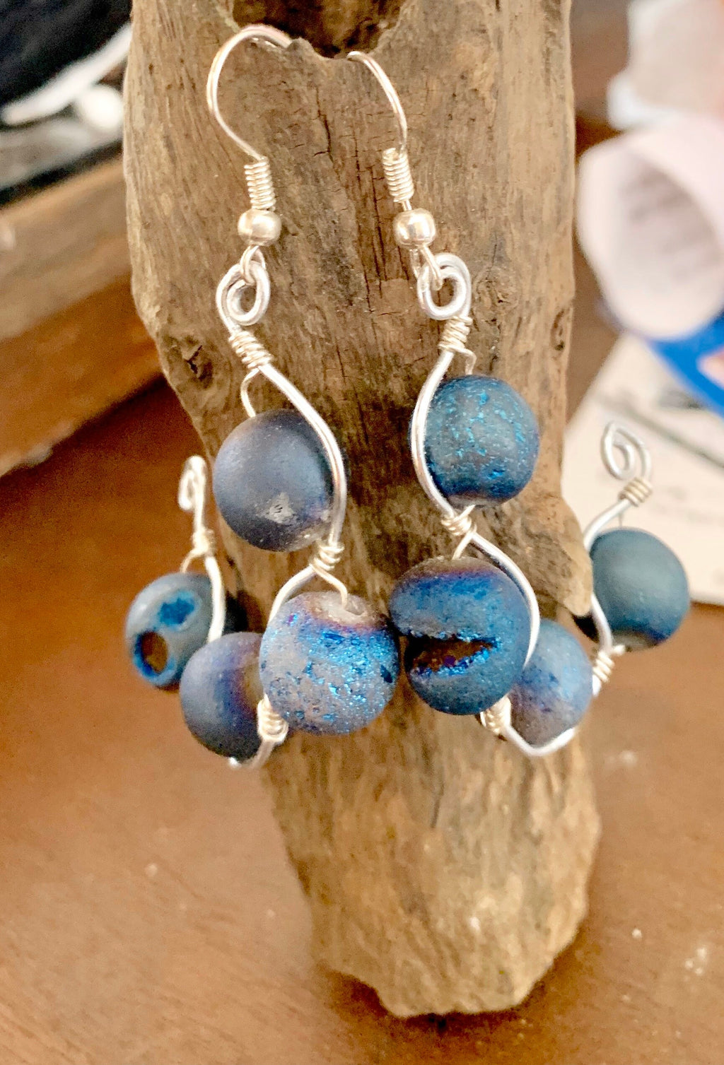 Wire Wrapped Hoop Earrings | Blue Agate Beaded Hoops
