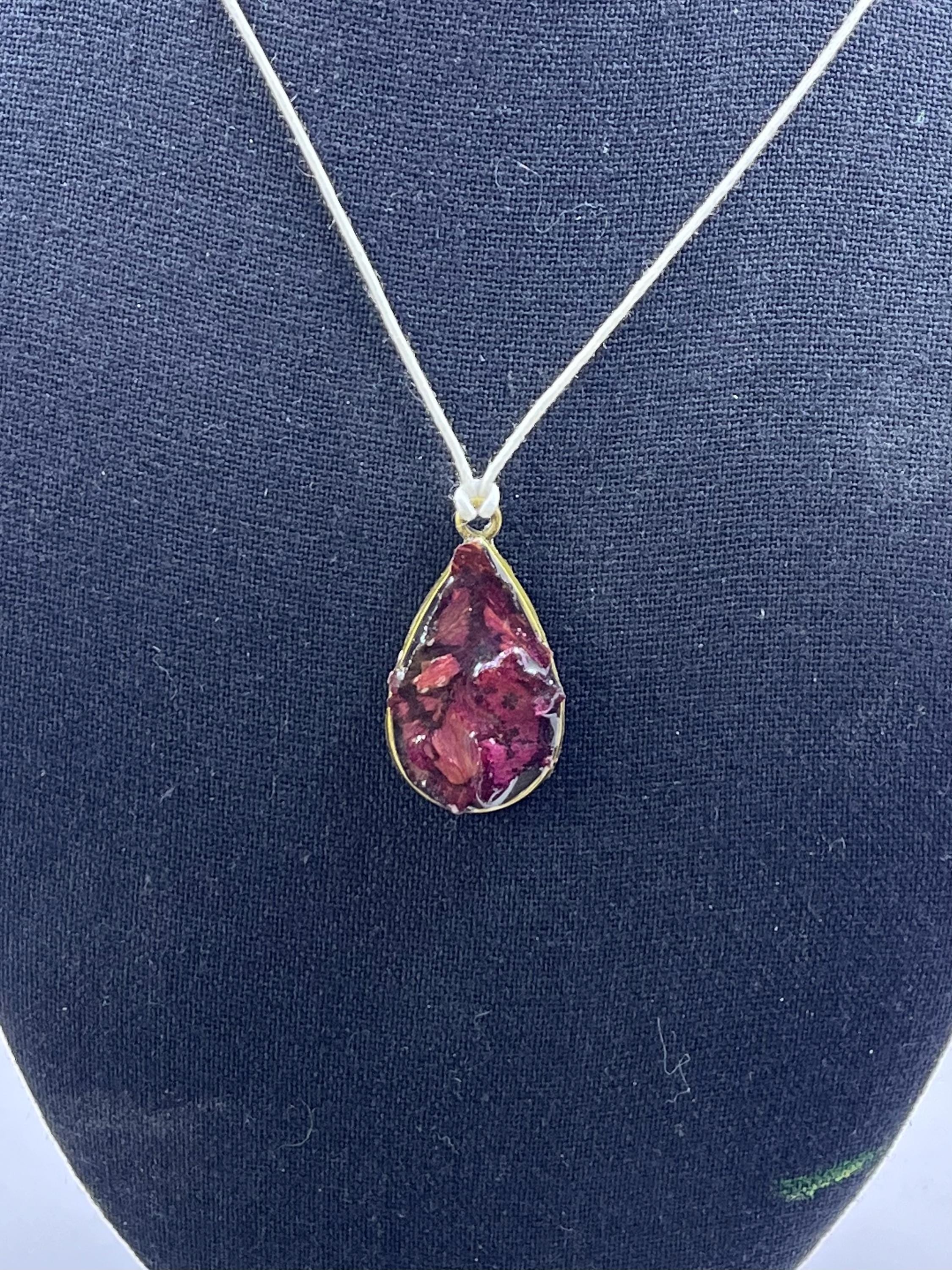 Teardrop Framed Resin Pendant, Rose petal Fragments in Resin Necklace, Deep red petals in unique accessory, One of a kind gift for her