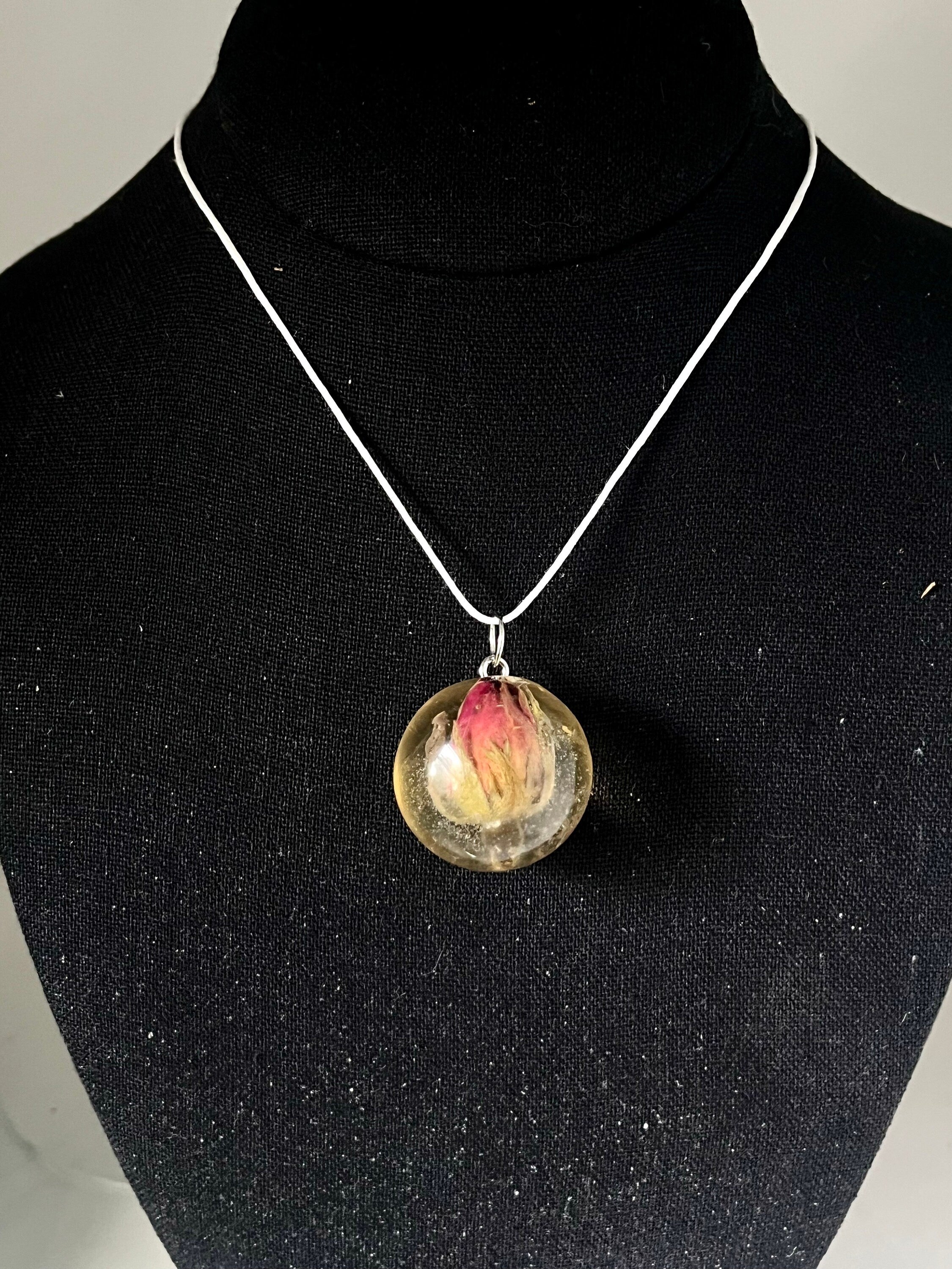 Real Rose Necklace, Spherical Resin Pendant with Flower, Magenta Rosebud Jewelry, Botanical Pendant, Pink Floral Necklace
