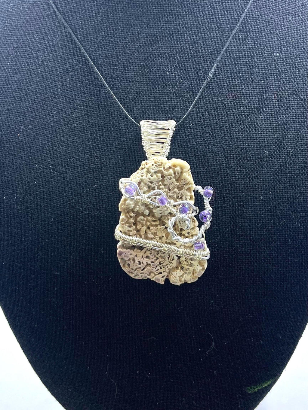 Shell Fragment Necklace | Wire Wrapped Shell with Purple Beads Pendant