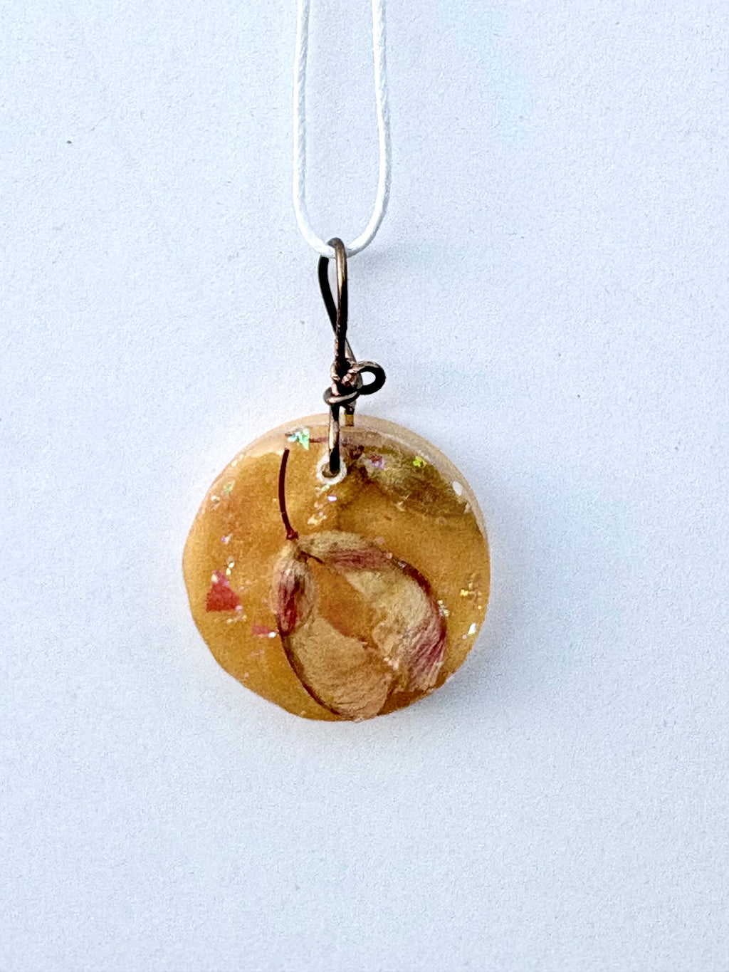 Golden Resin Pendant with Helicopter Seeds | Golden Flight Necklace | Round Botanical Pendant
