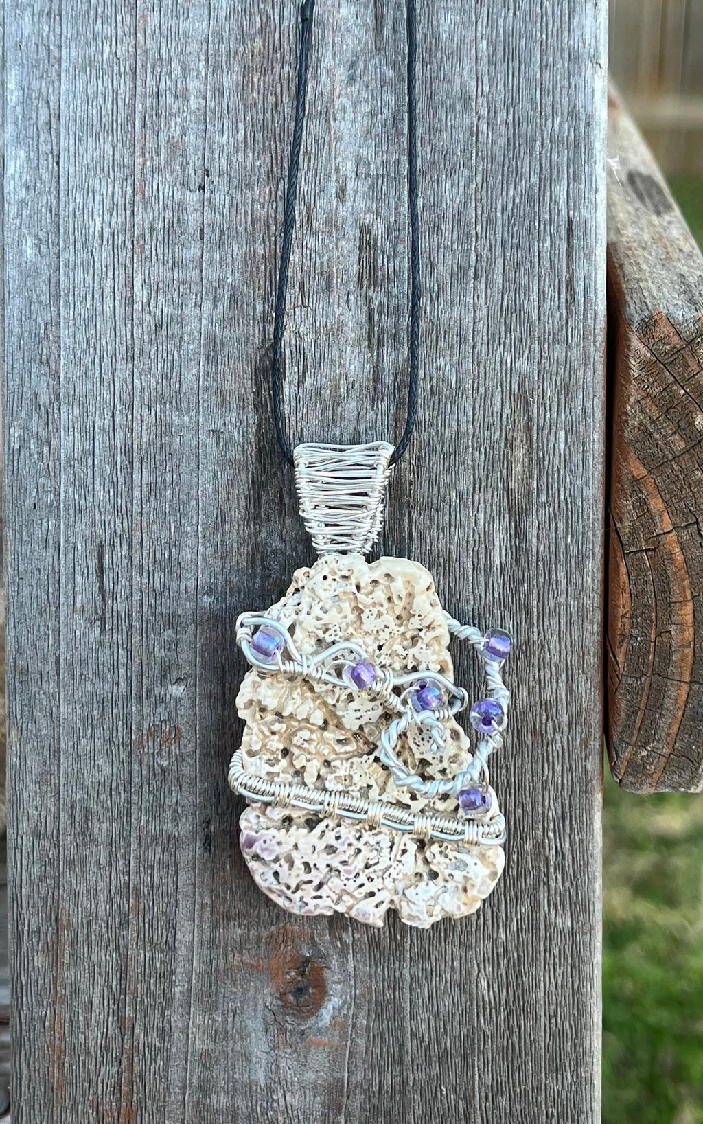 Shell Fragment Necklace | Wire Wrapped Shell with Purple Beads Pendant