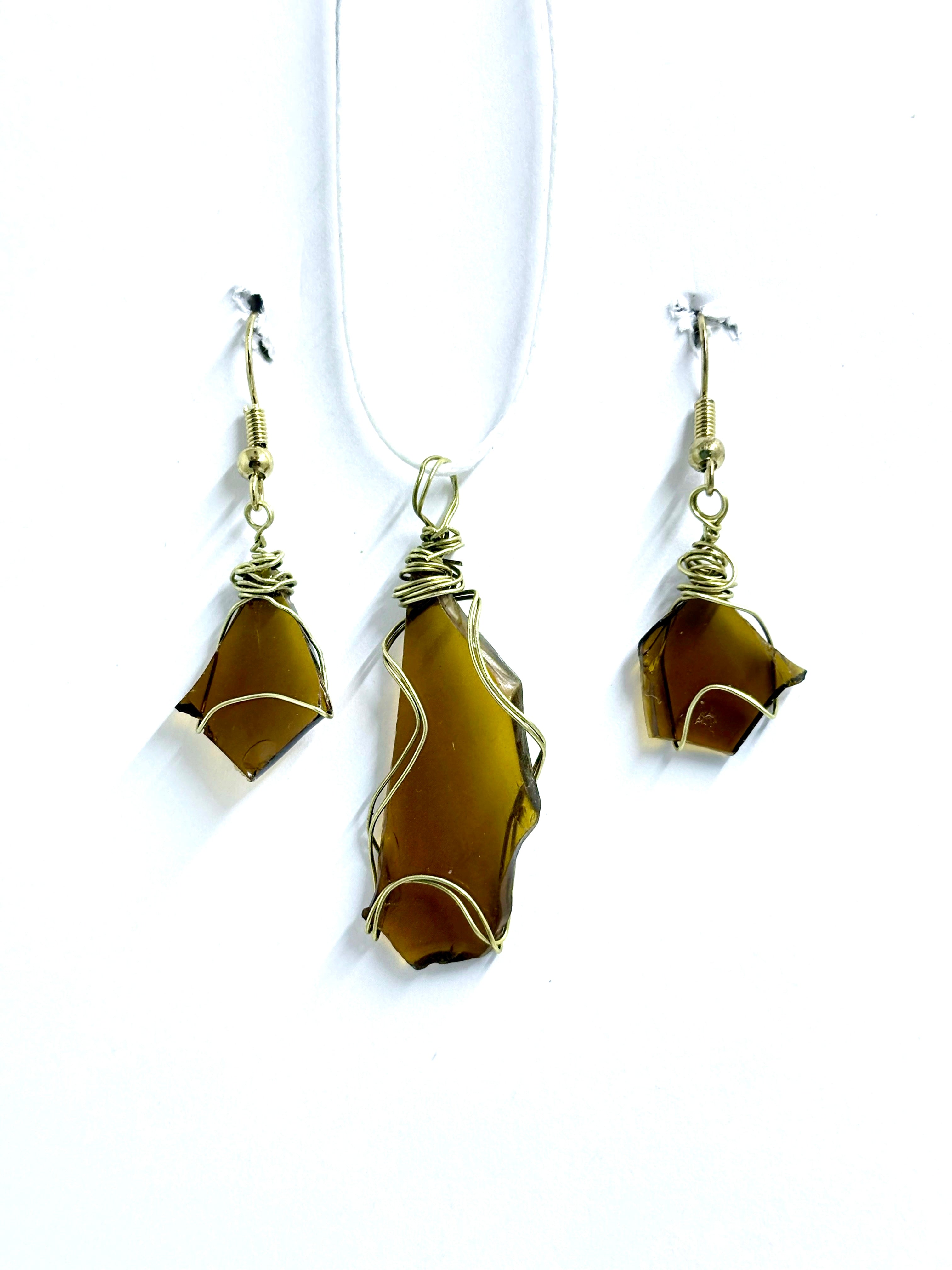 Amber Sea Glass | Wire Wrapped Jewelry Set | Earthy Coastal Style