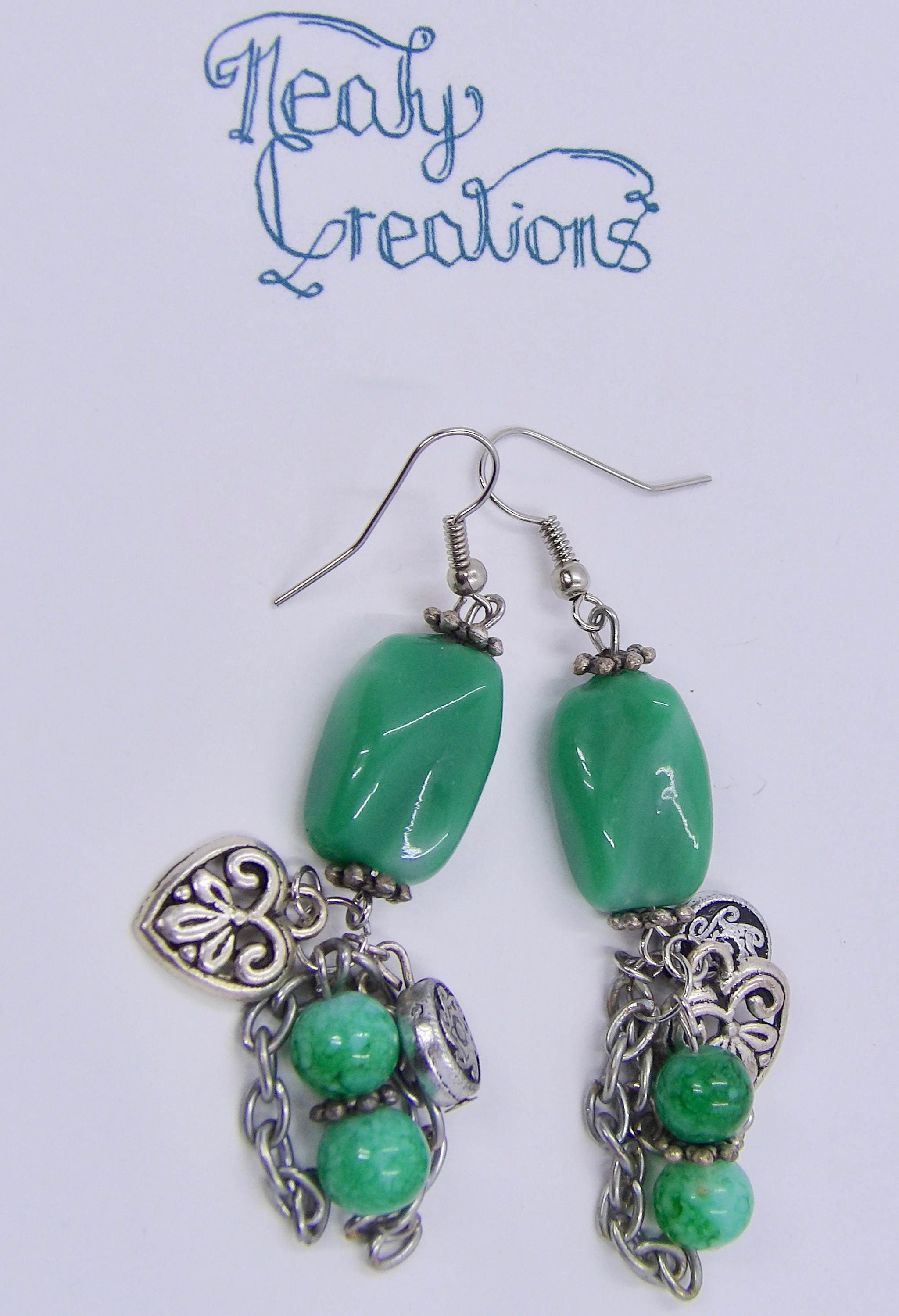 Bead Dangle Earrings | Jade Colored Drops with Charms