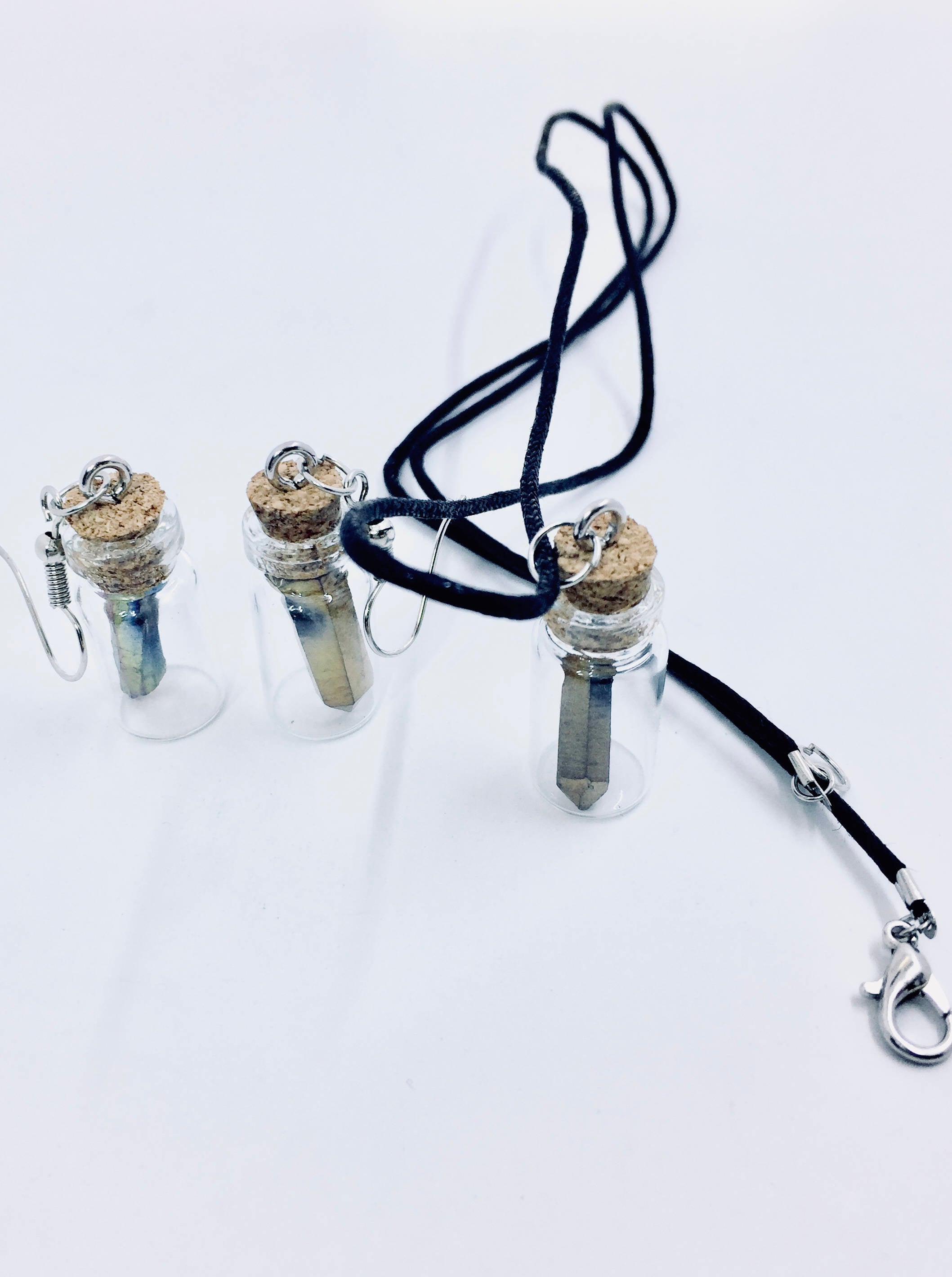 Unique Glass Bottle Earrings and Necklace, Rainbow Quartz Matching Set of Small Glass Bottle Jewelry, Novelty Accessories for Bold Women