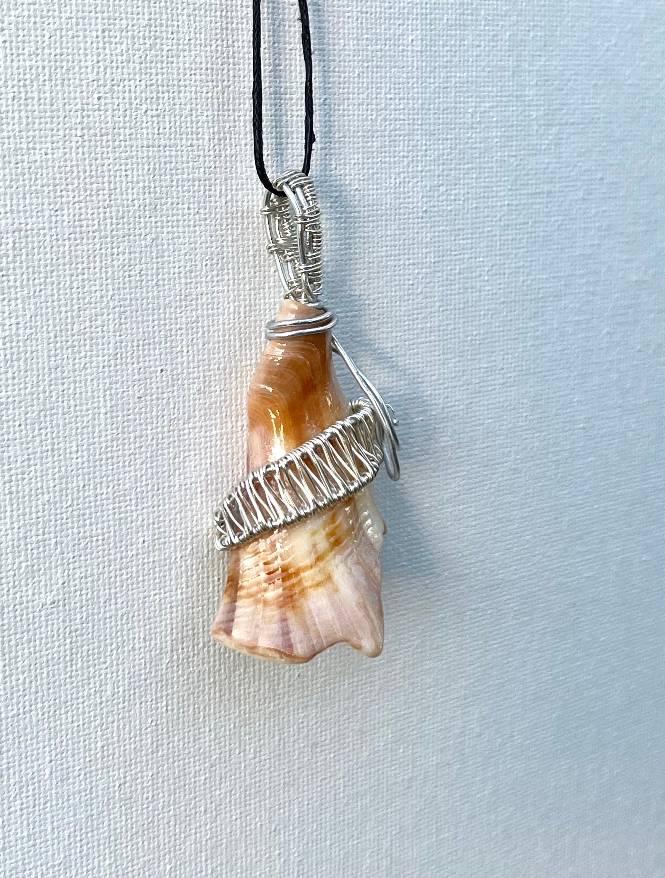 Wire Wrapped Orange Shell Fragment Pendant, Ocean Inspired Jewelry, Gift for Beach Lover, Statement Necklace, Authentic Shells