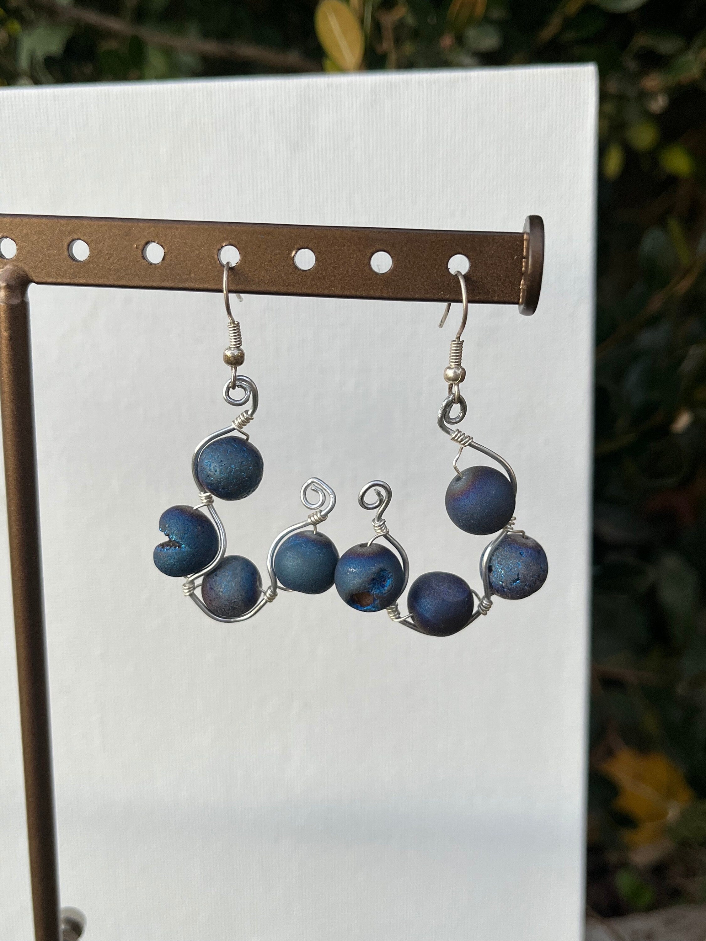 Wire Wrapped Hoop Earrings | Blue Agate Beaded Hoops