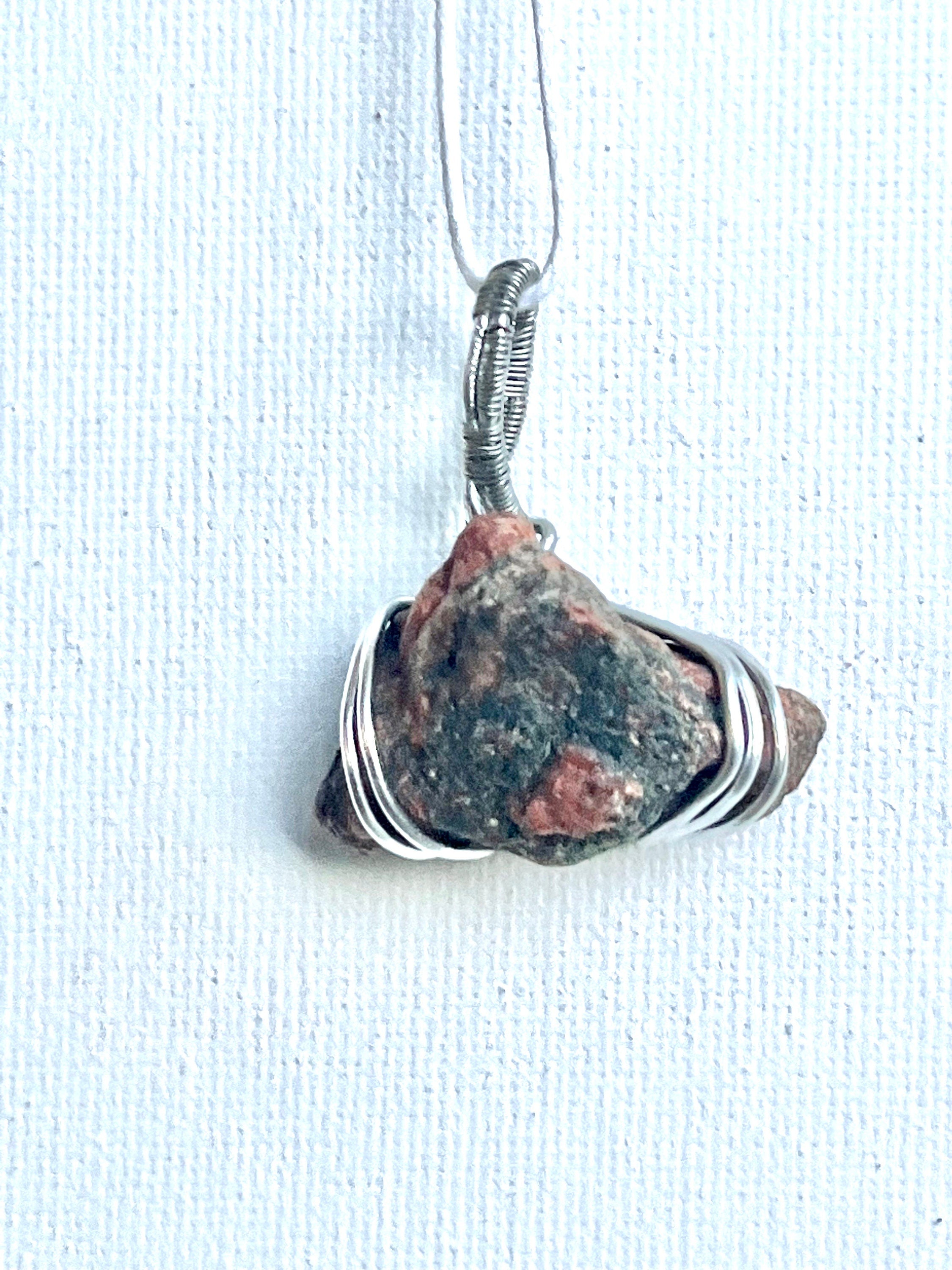 Wire Wrapped Unakite Stone Pendant,  Red and Black Stone in Wire, Nature Inspired Jewelry, Silver Wire Wrapped Unakite Stone