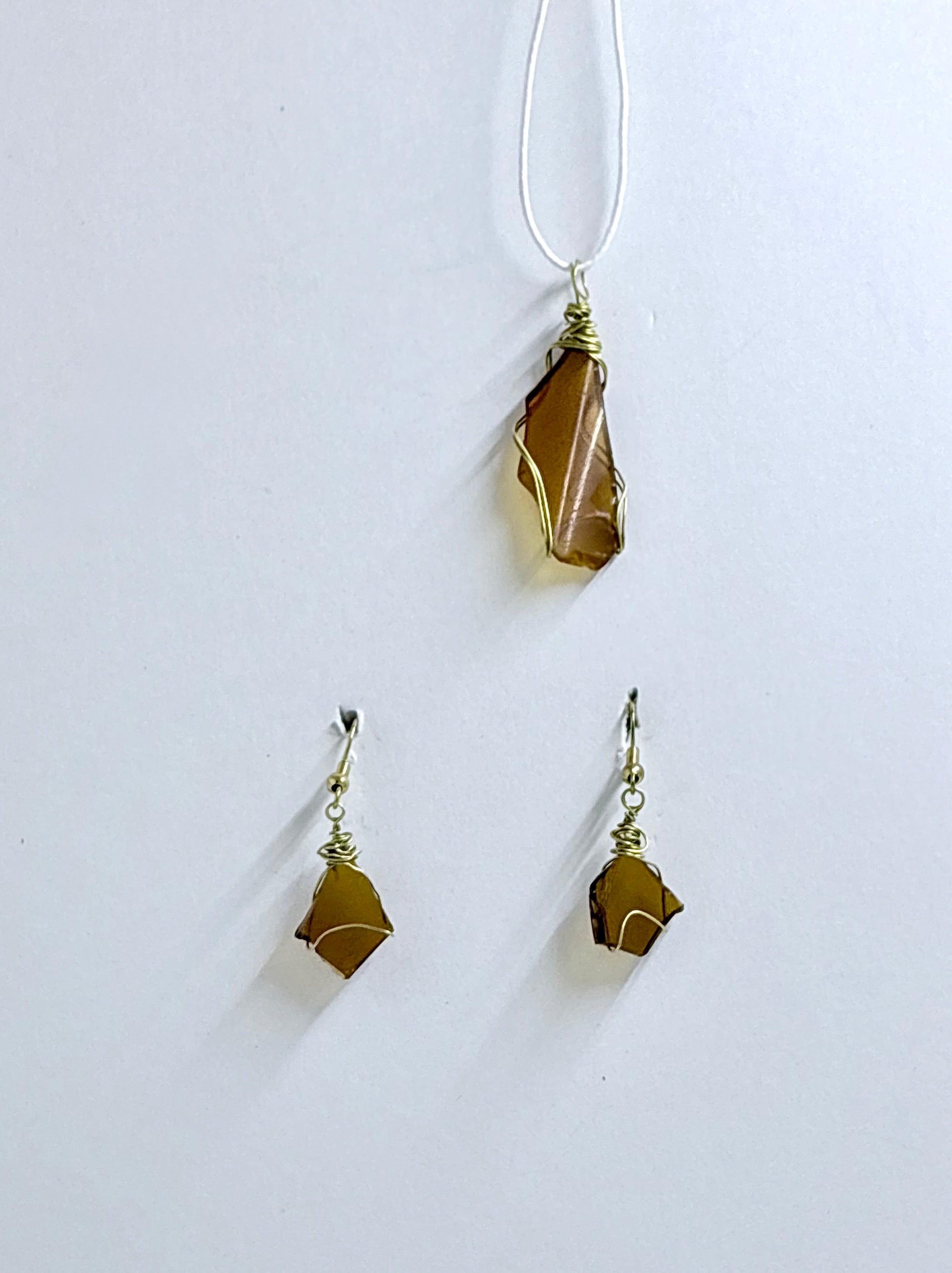 Amber Sea Glass | Wire Wrapped Jewelry Set | Earthy Coastal Style