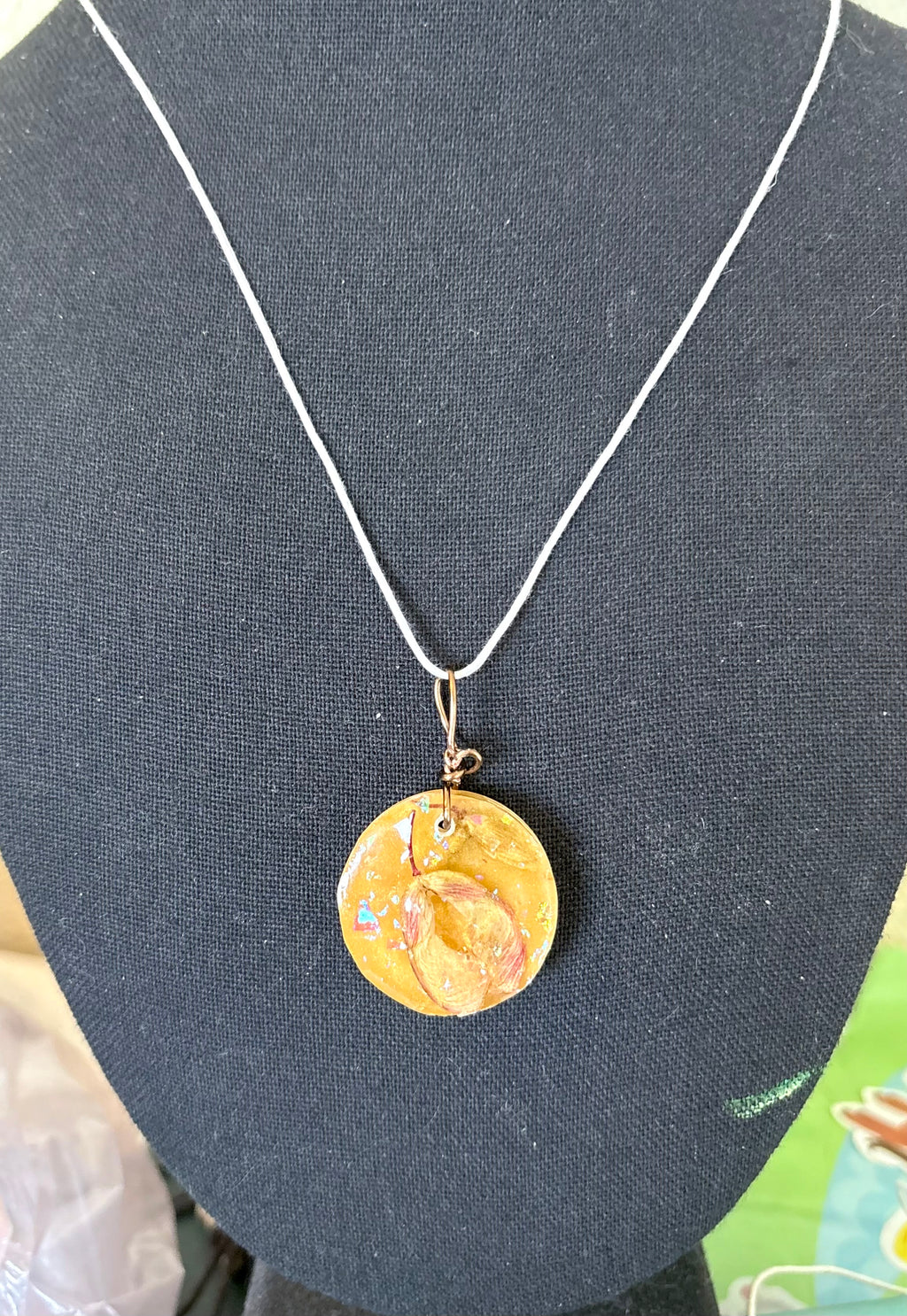 Golden Resin Pendant with Helicopter Seeds | Golden Flight Necklace | Round Botanical Pendant