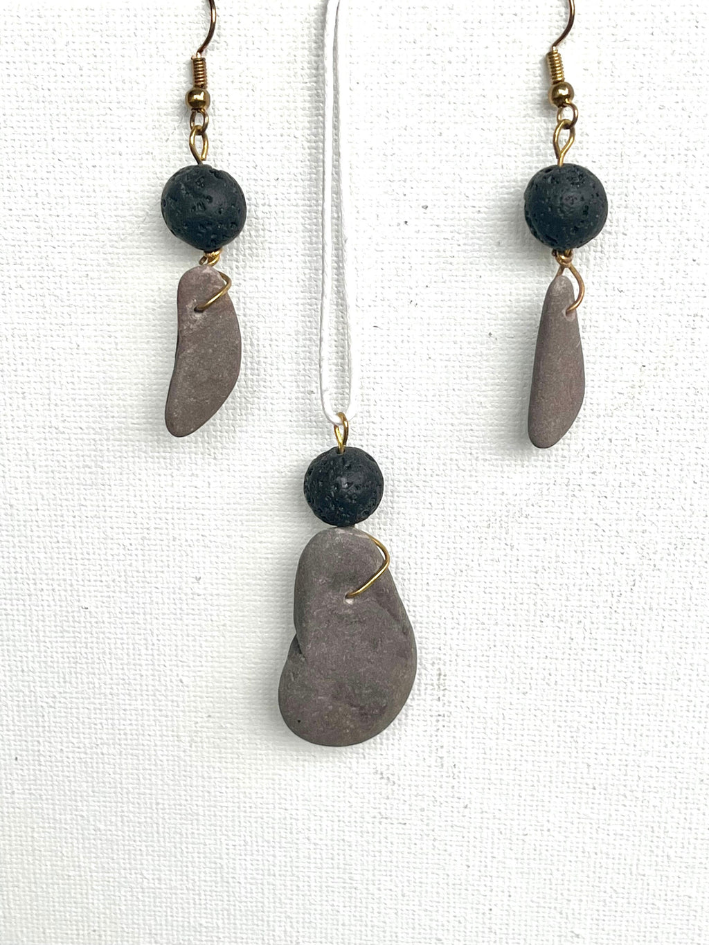 Volcanic Beads and River Rock Matching Set, Earrings and Matching Smooth River Stone and Aromatherapy Friendly Volcano Stone Beads