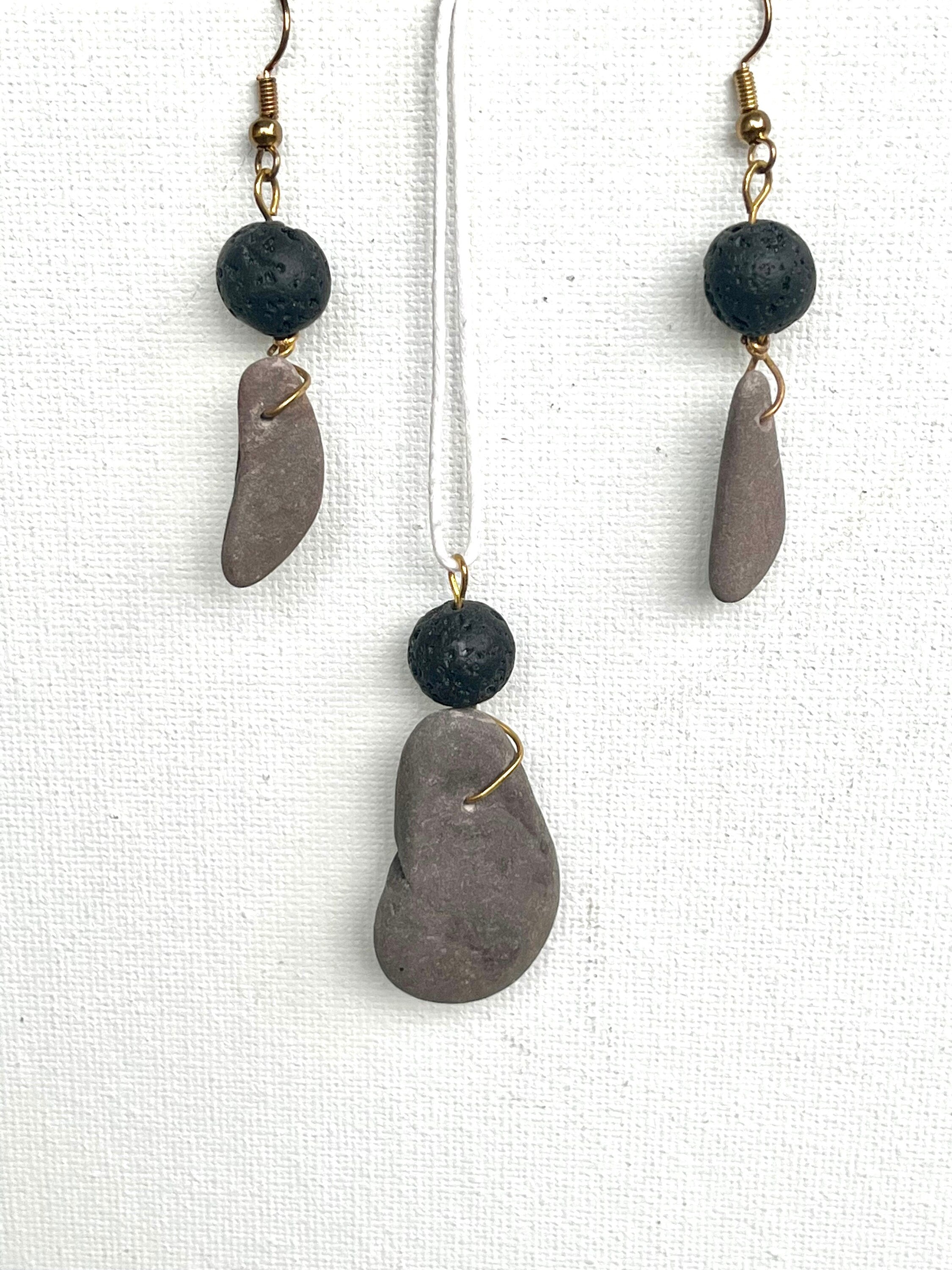 Volcanic Beads and River Rock Matching Set, Earrings and Matching Smooth River Stone and Aromatherapy Friendly Volcano Stone Beads