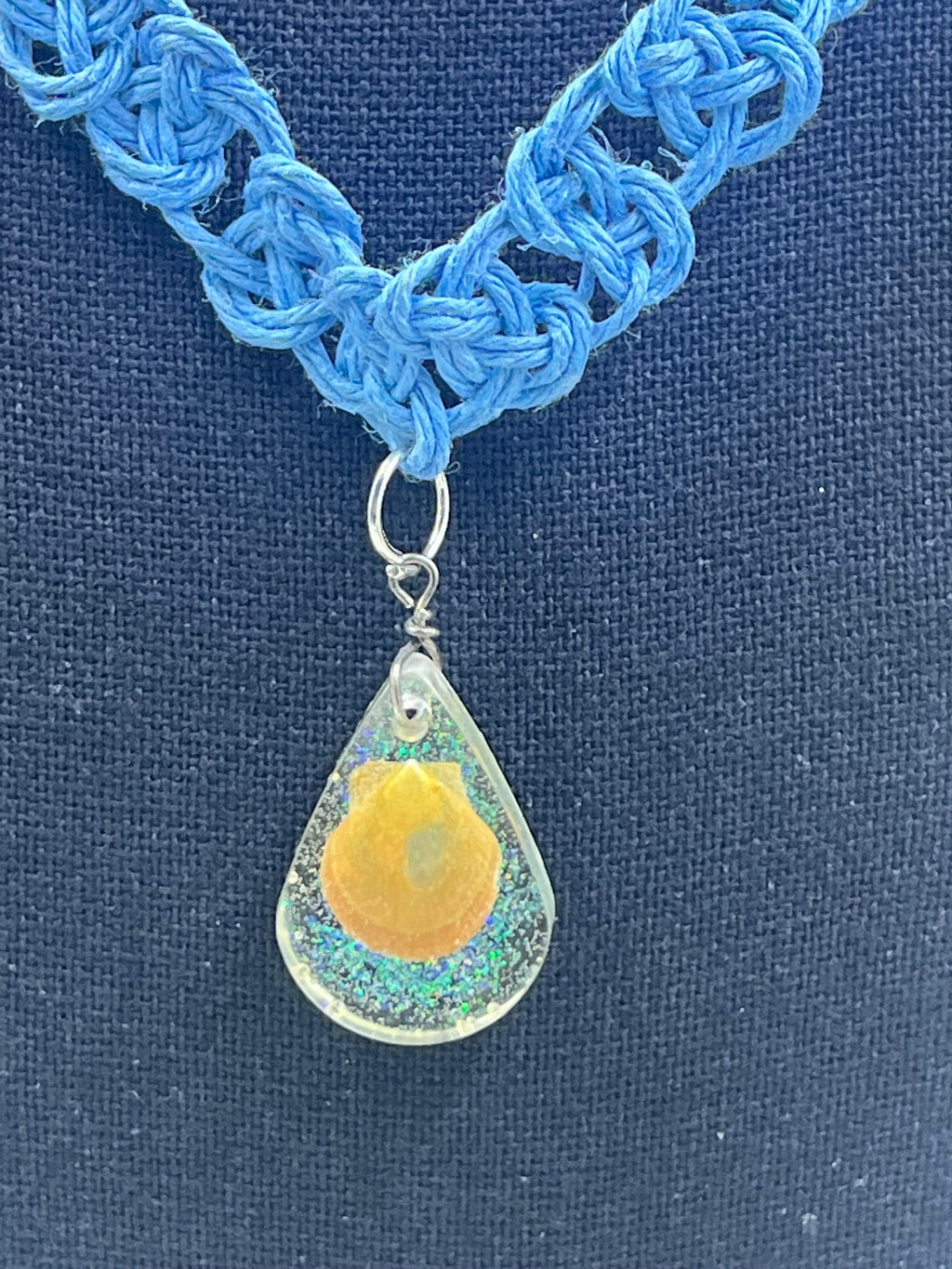 Petite Orange Shell in Resin Pendant, Blue Hemp Macrame Necklace, Josephine Knot Cord, Seashell Teardrop Pendant, Mermaid Core Ocean Jewelry