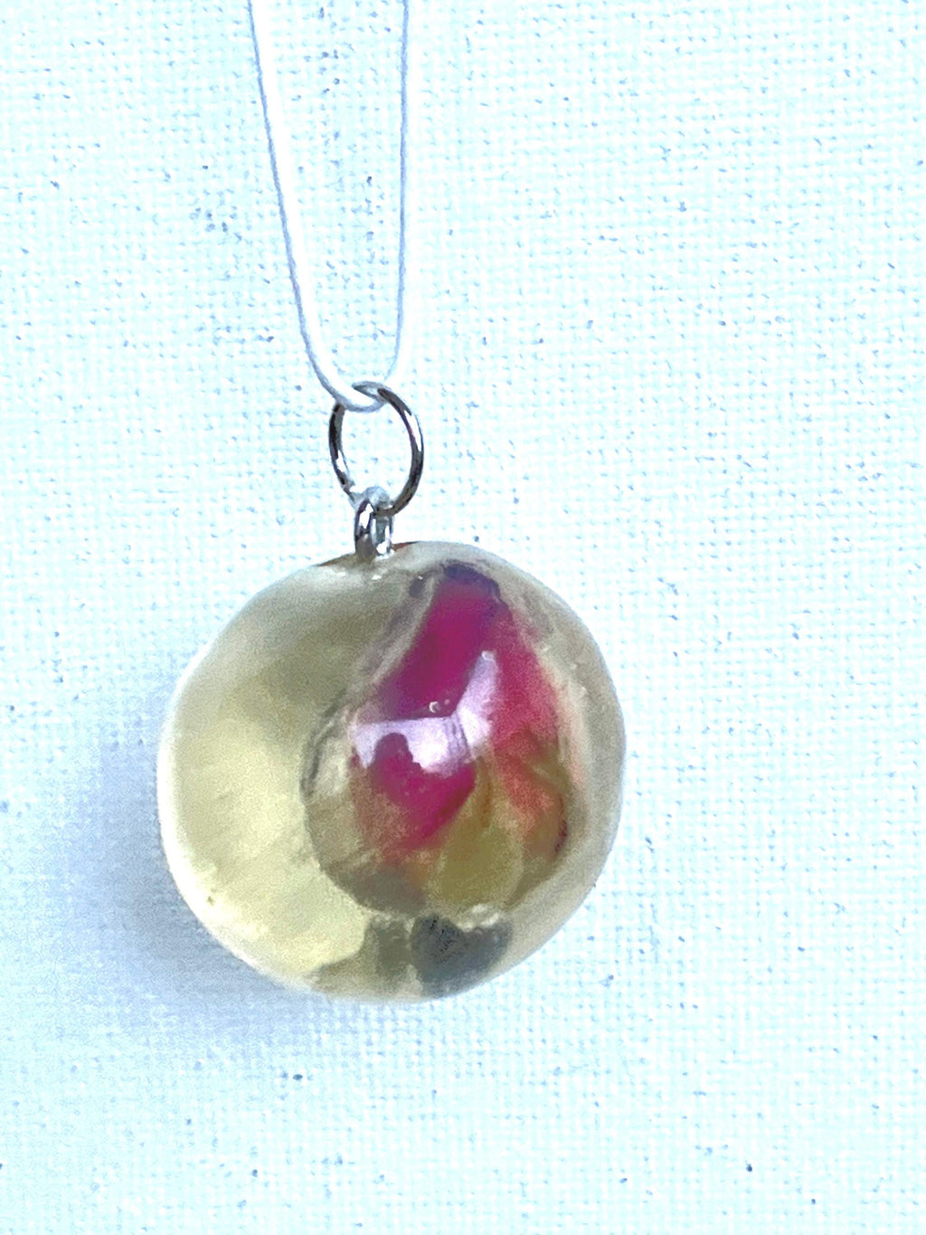 Real Rose Necklace, Spherical Resin Pendant with Flower, Magenta Rosebud Jewelry, Botanical Pendant, Pink Floral Necklace