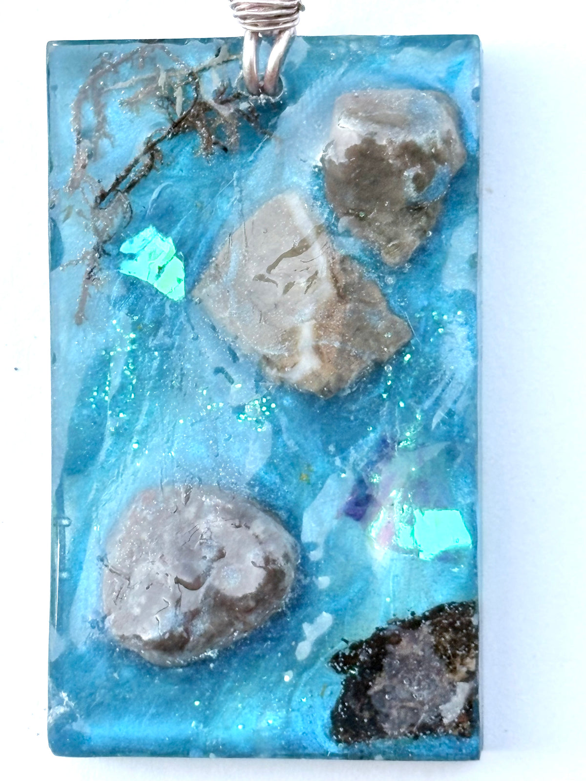 Forest Stream Necklace | Stones and Moss in Blue Resin Pendant